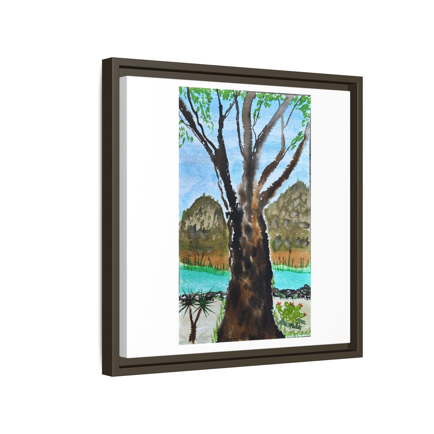 Tranquil Lakeside Tree Watercolor - Framed Matte Canvas Print by Dr. Q
