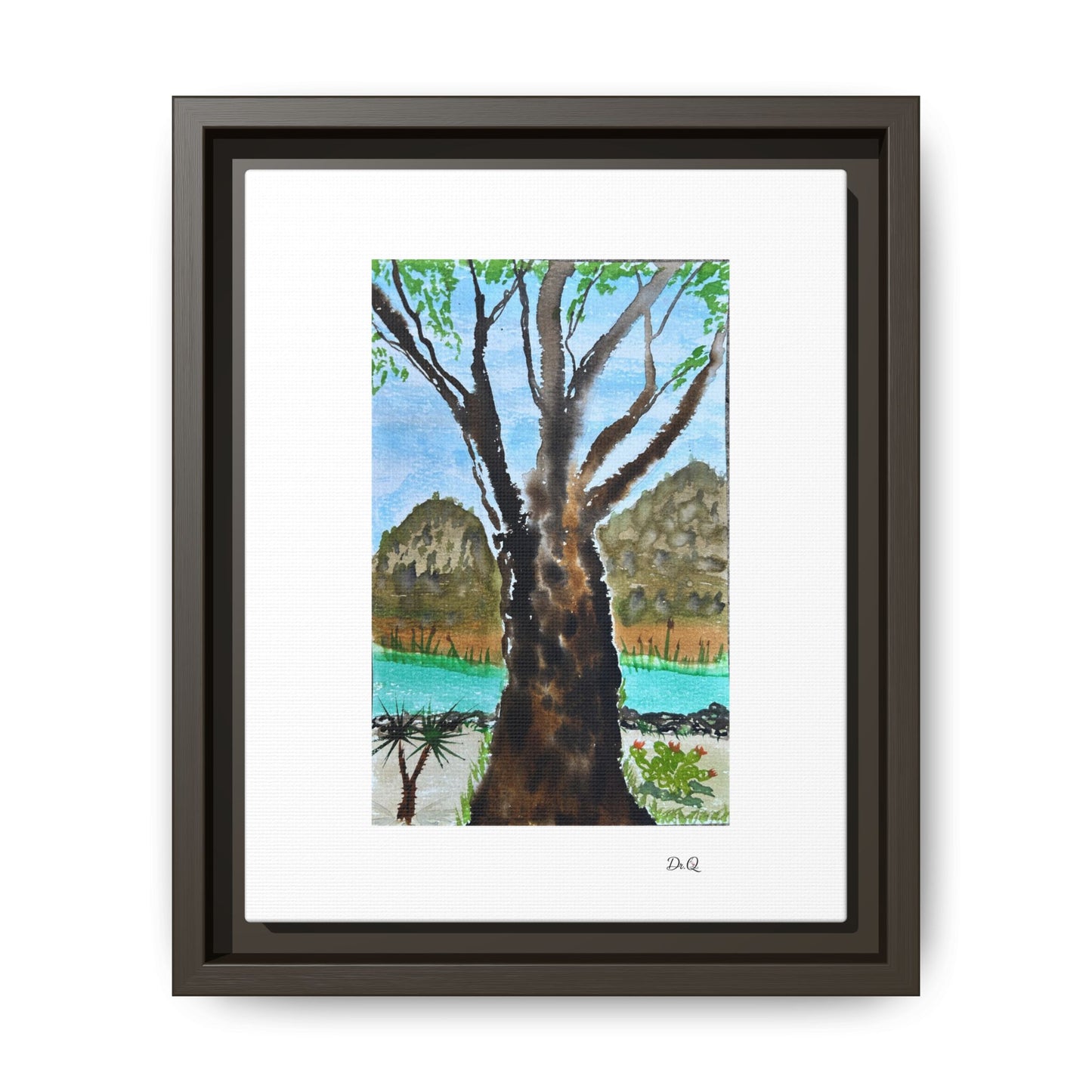Tranquil Lakeside Tree Watercolor - Framed Matte Canvas Print by Dr. Q