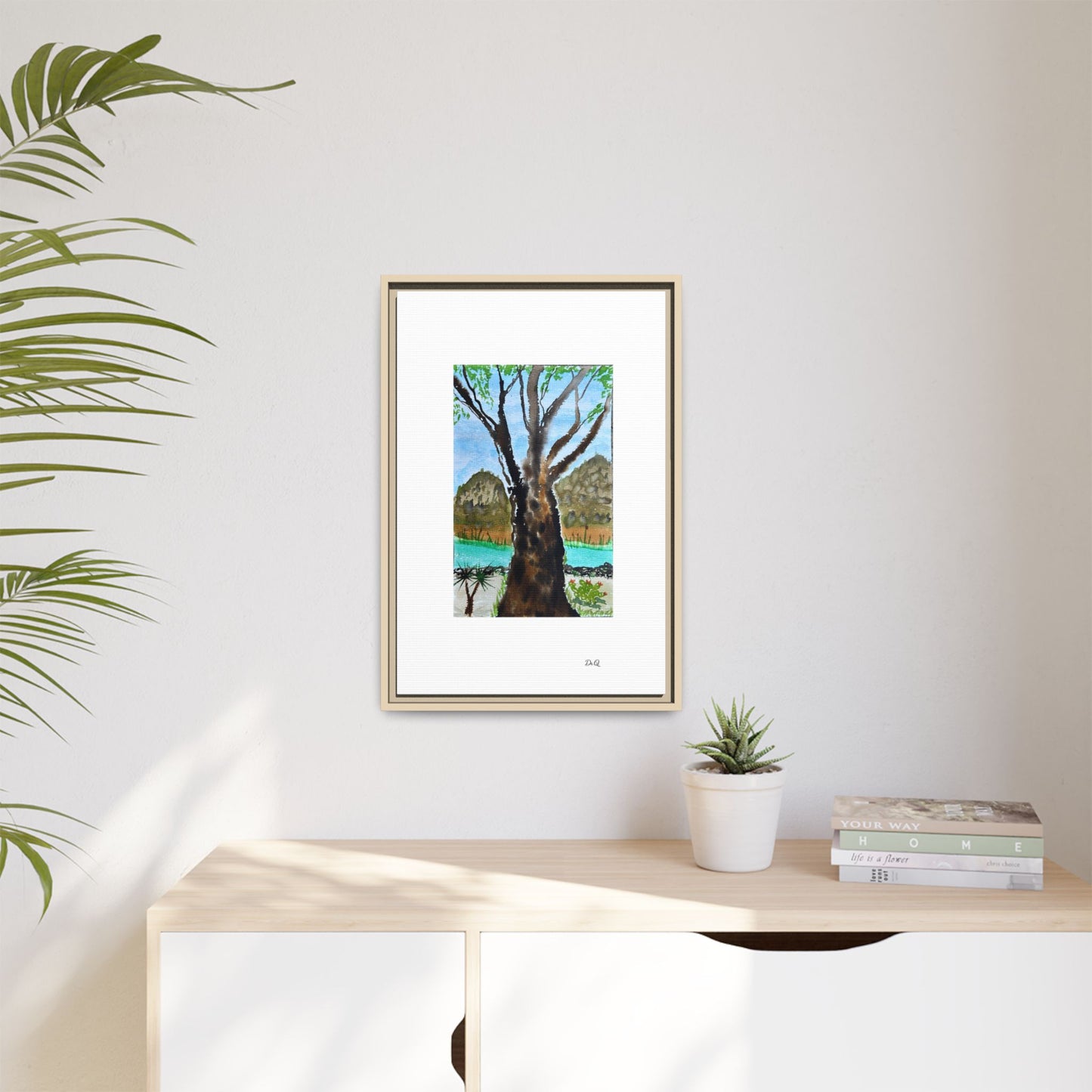 Tranquil Lakeside Tree Watercolor - Framed Matte Canvas Print by Dr. Q