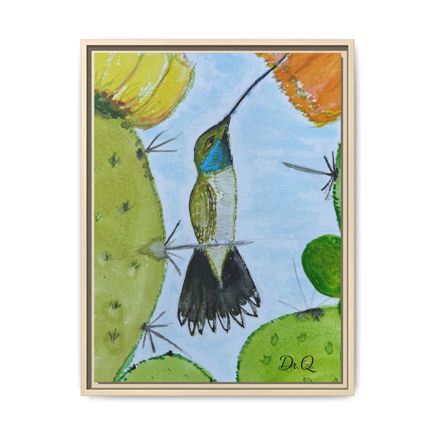 Framed Hummingbird Cactus Watercolor Print on Canvas by Dr. Q — Floral Desert Wall Art