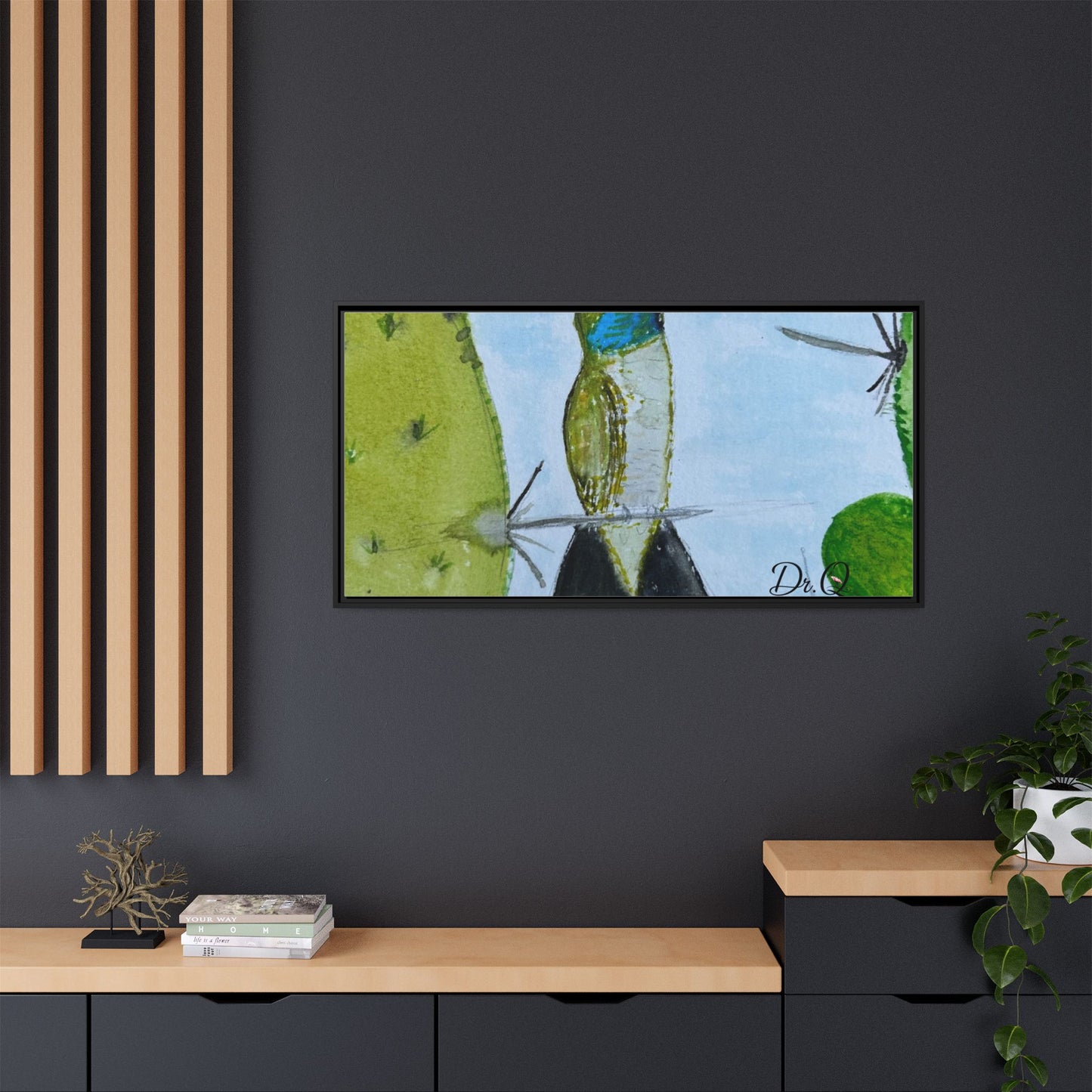 Framed Hummingbird Cactus Watercolor Print on Canvas by Dr. Q — Floral Desert Wall Art