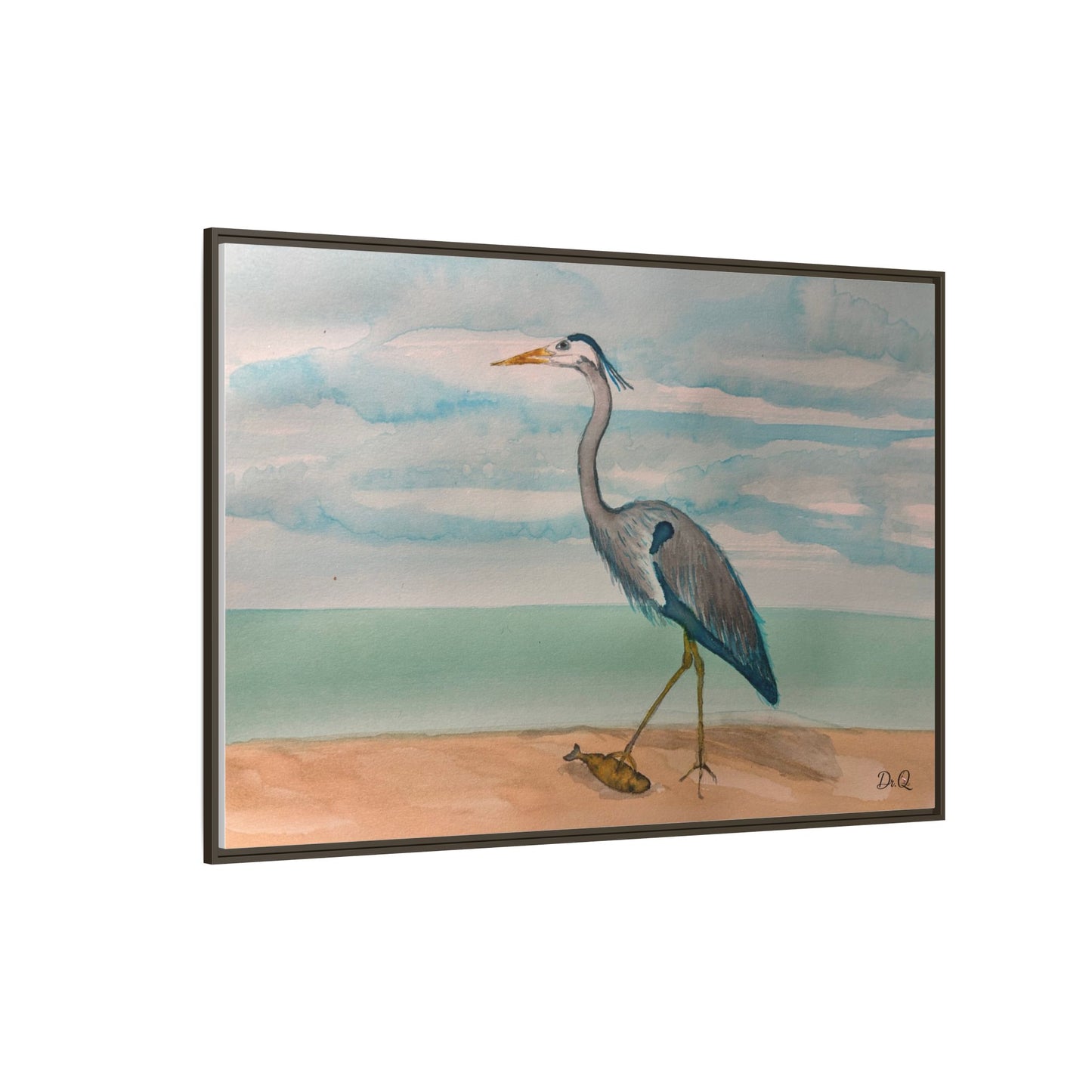 Framed Heron Beach Matte Canvas — Coastal Watercolor Wall Art