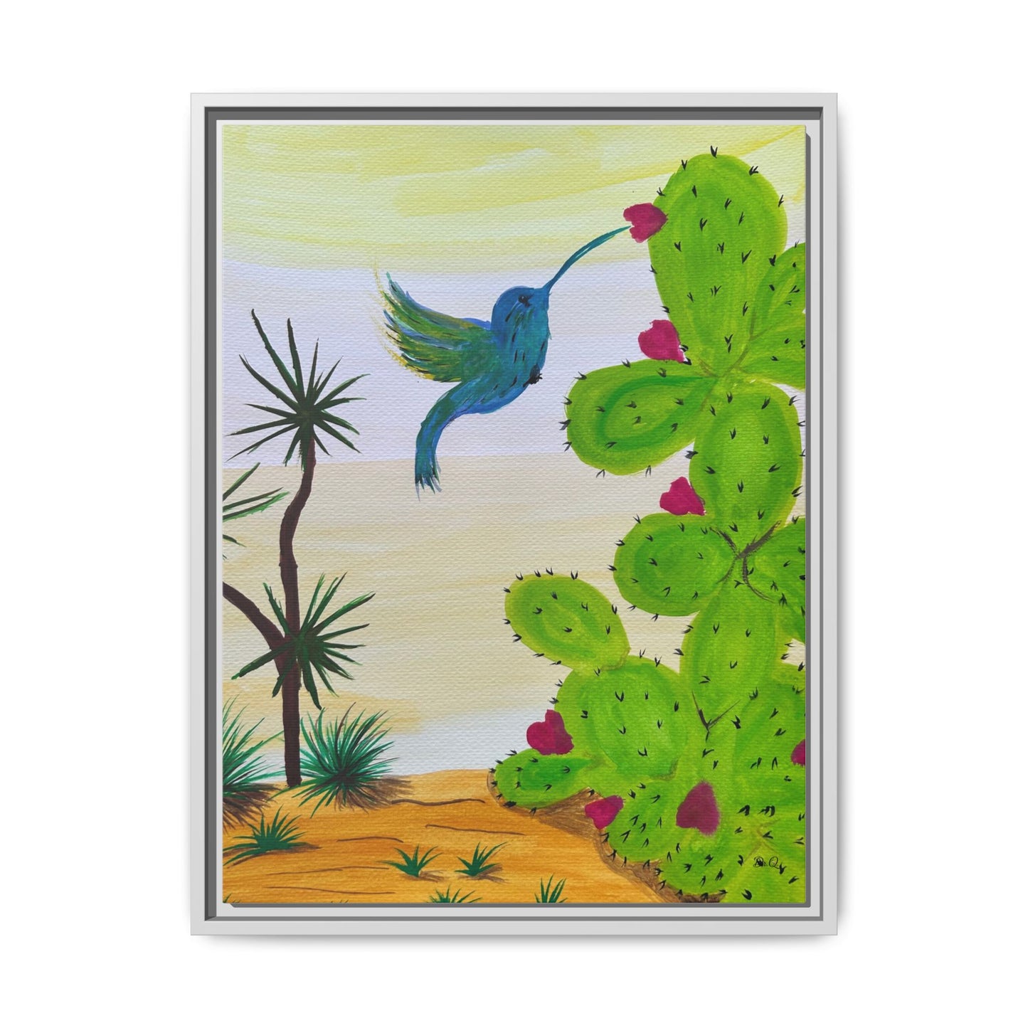 Tropical Cactus & Hummingbird Wall Art - Framed Matte Canvas