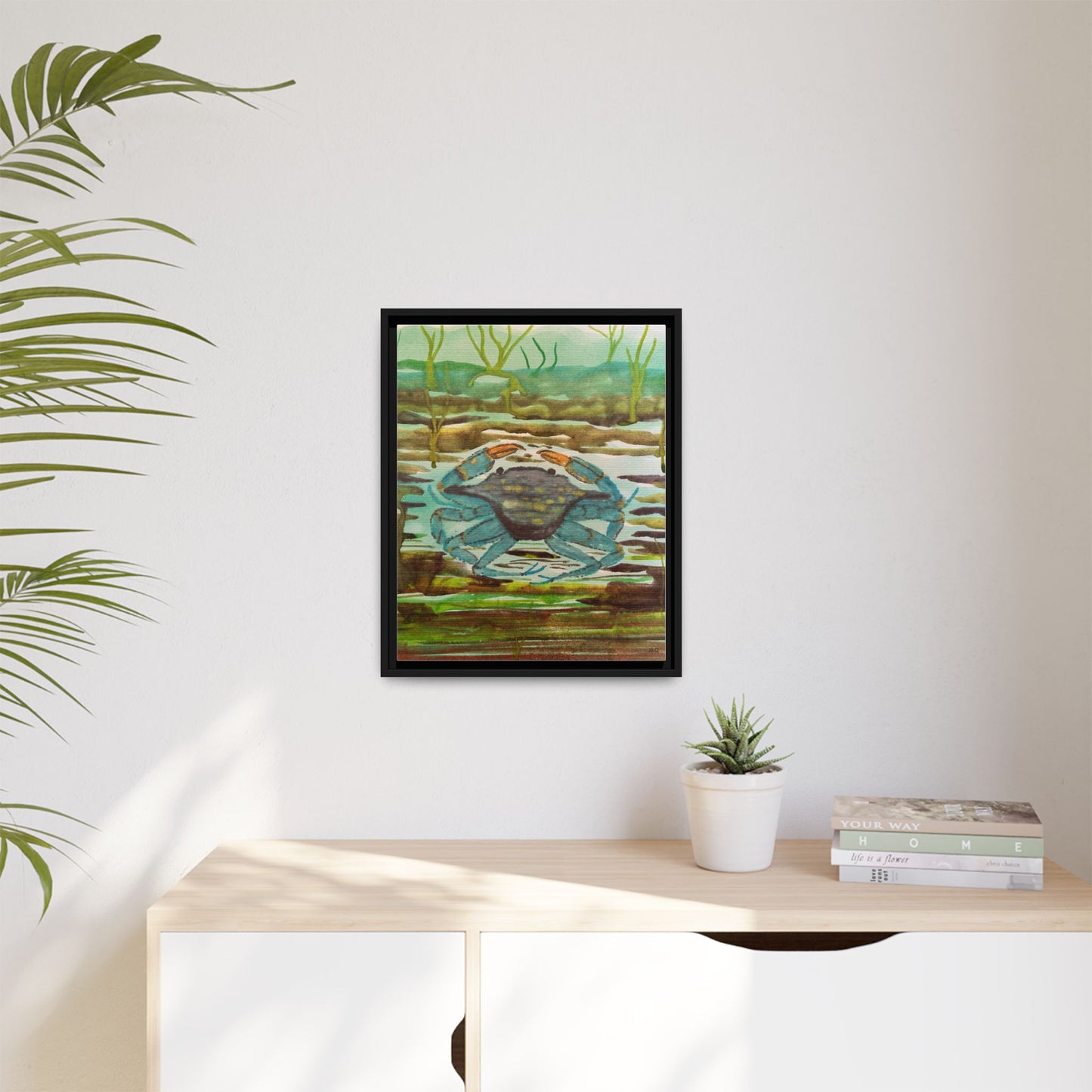 Blue Crab Coastal Art Print — Matte Framed Canvas