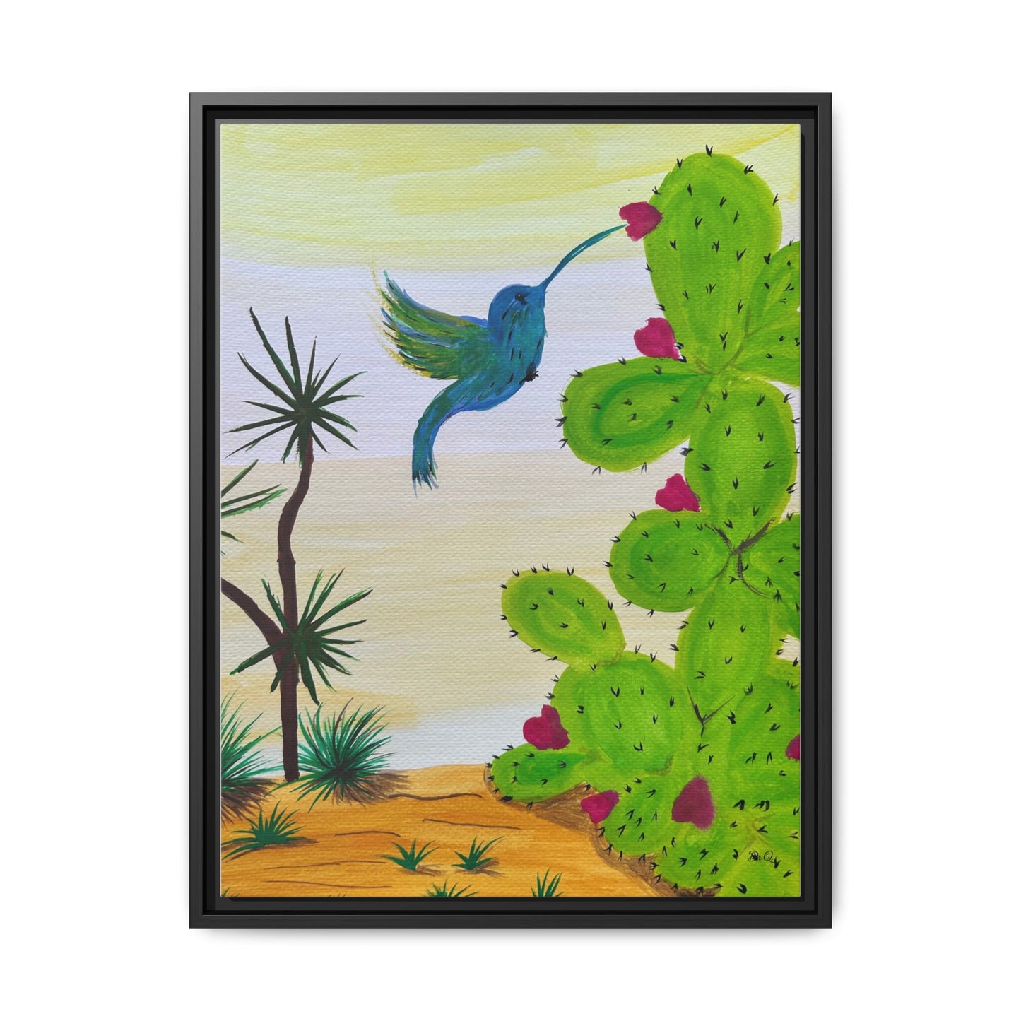 Tropical Cactus & Hummingbird Wall Art - Framed Matte Canvas