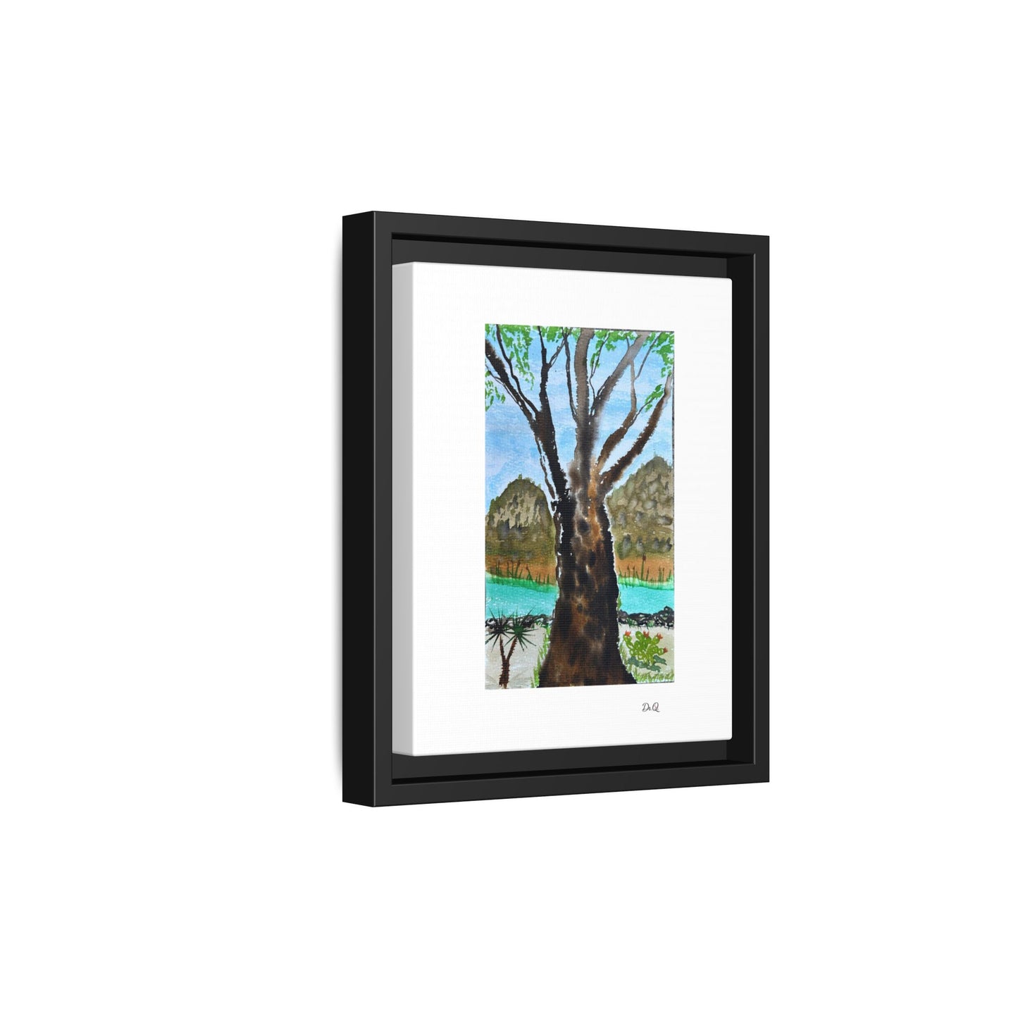 Tranquil Lakeside Tree Watercolor - Framed Matte Canvas Print by Dr. Q