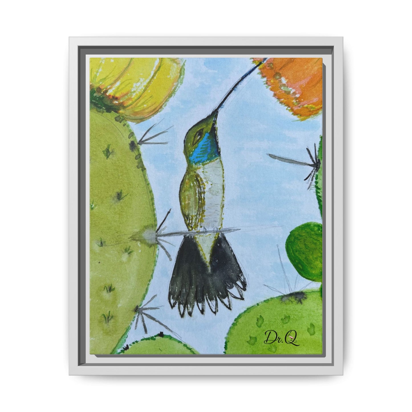 Framed Hummingbird Cactus Watercolor Print on Canvas by Dr. Q — Floral Desert Wall Art