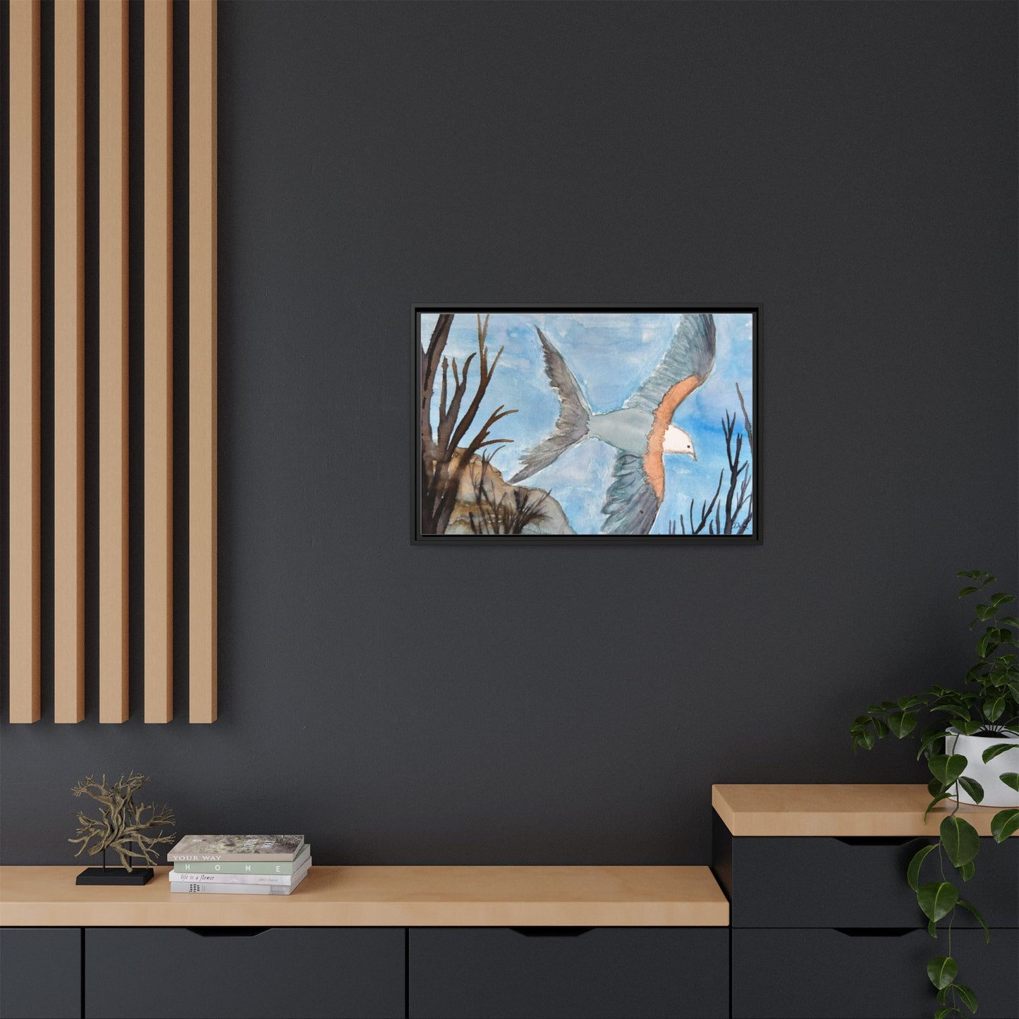 Framed Matte Canvas Wall Art — Soaring Seagull Coastal Print
