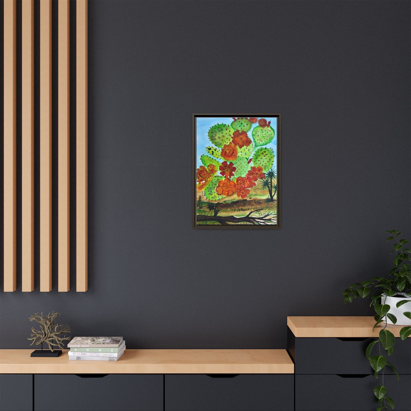 Prickly Pear Cactus Framed Canvas Print — Vertical Botanical Wall Art