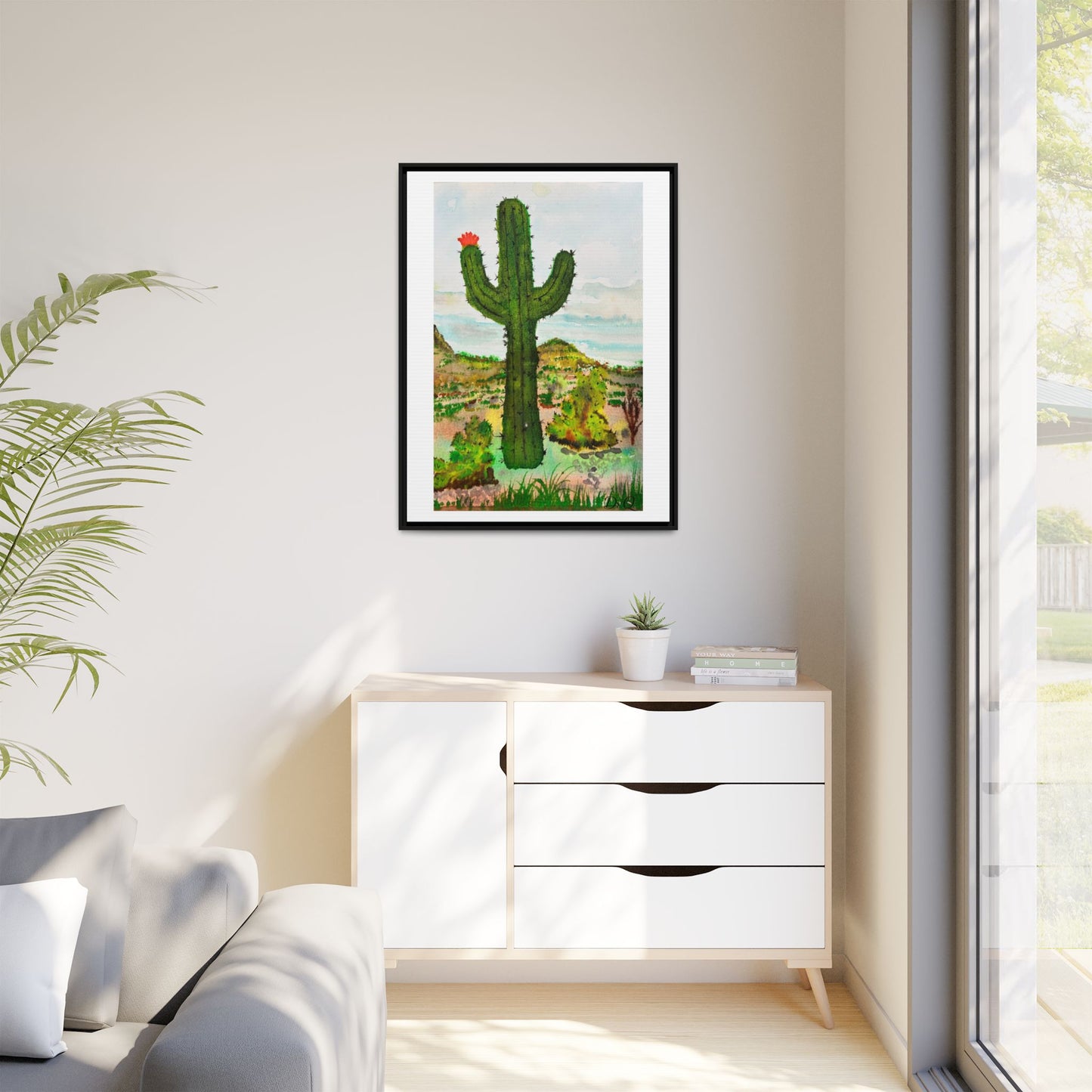 Framed Cactus Canvas Print — Desert Watercolor Wall Art