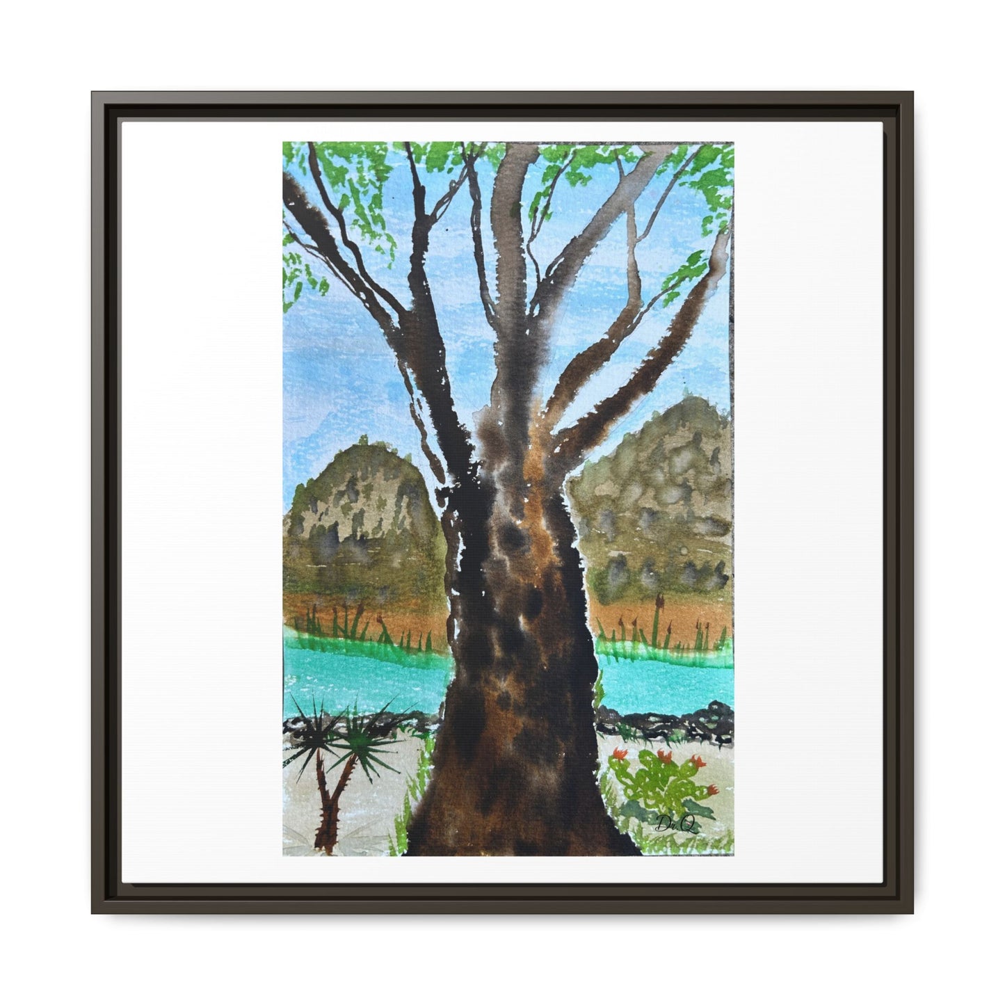 Tranquil Lakeside Tree Watercolor - Framed Matte Canvas Print by Dr. Q