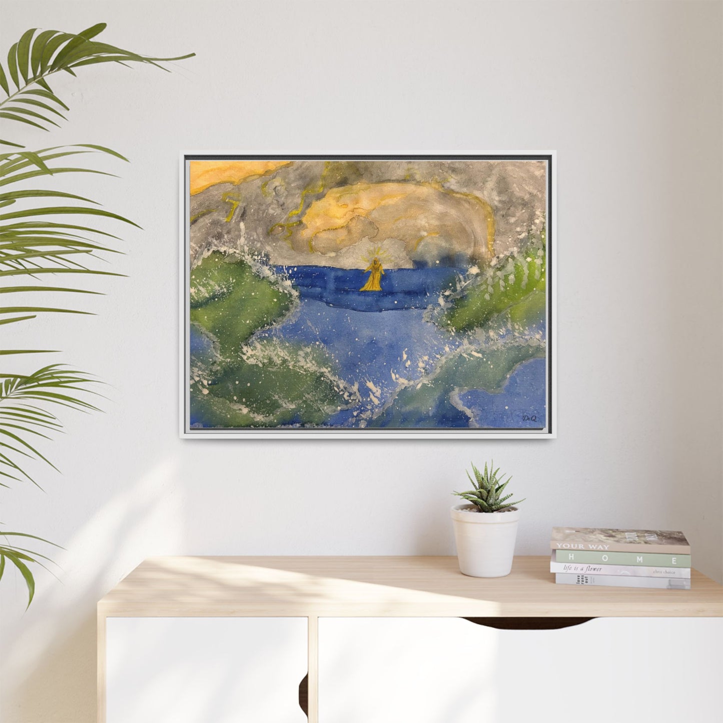 "Faith in the Storm" Framed Matte Canvas Seascape — Golden Sail at Sunset