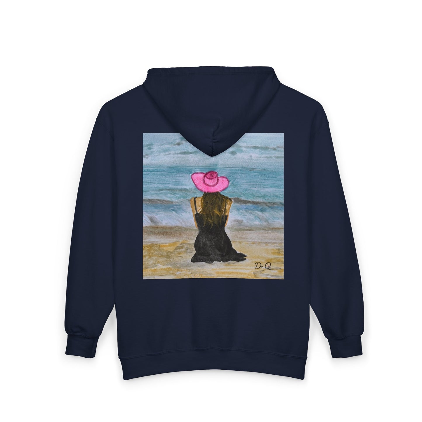 Dr. Q's Full-Zip Hoodie — Woman in Pink Hat Beach Art Zip-Up Sweatshirt