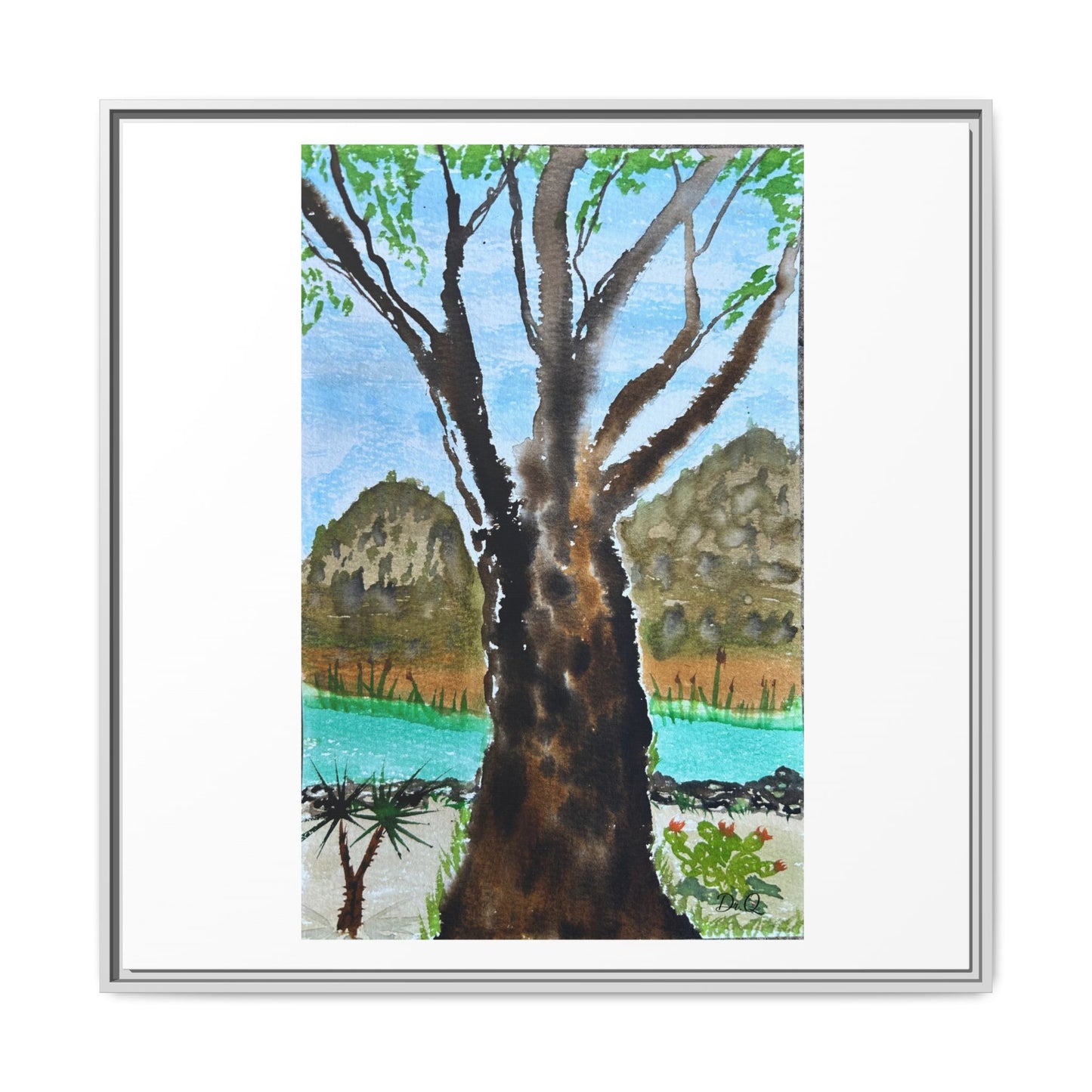 Tranquil Lakeside Tree Watercolor - Framed Matte Canvas Print by Dr. Q