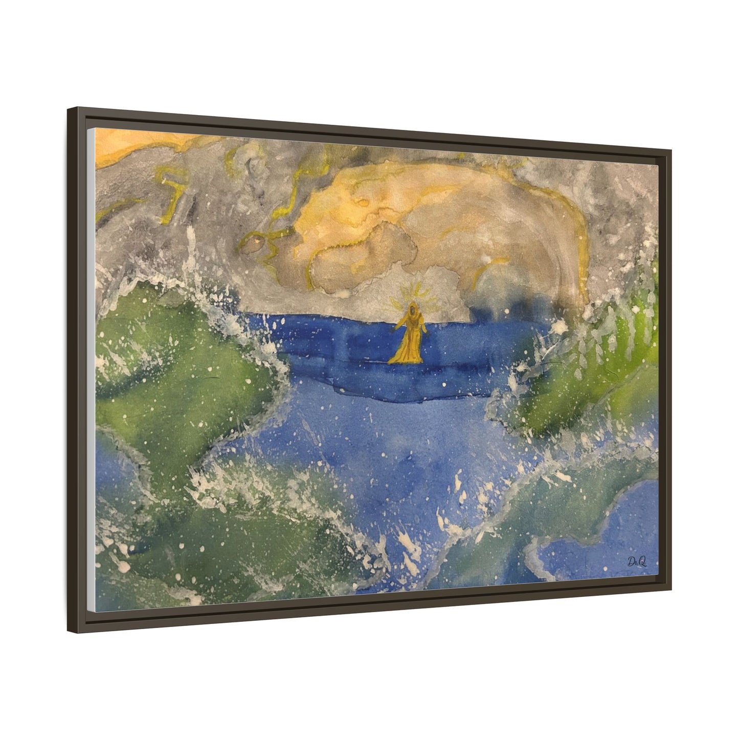 "Faith in the Storm" Framed Matte Canvas Seascape — Golden Sail at Sunset