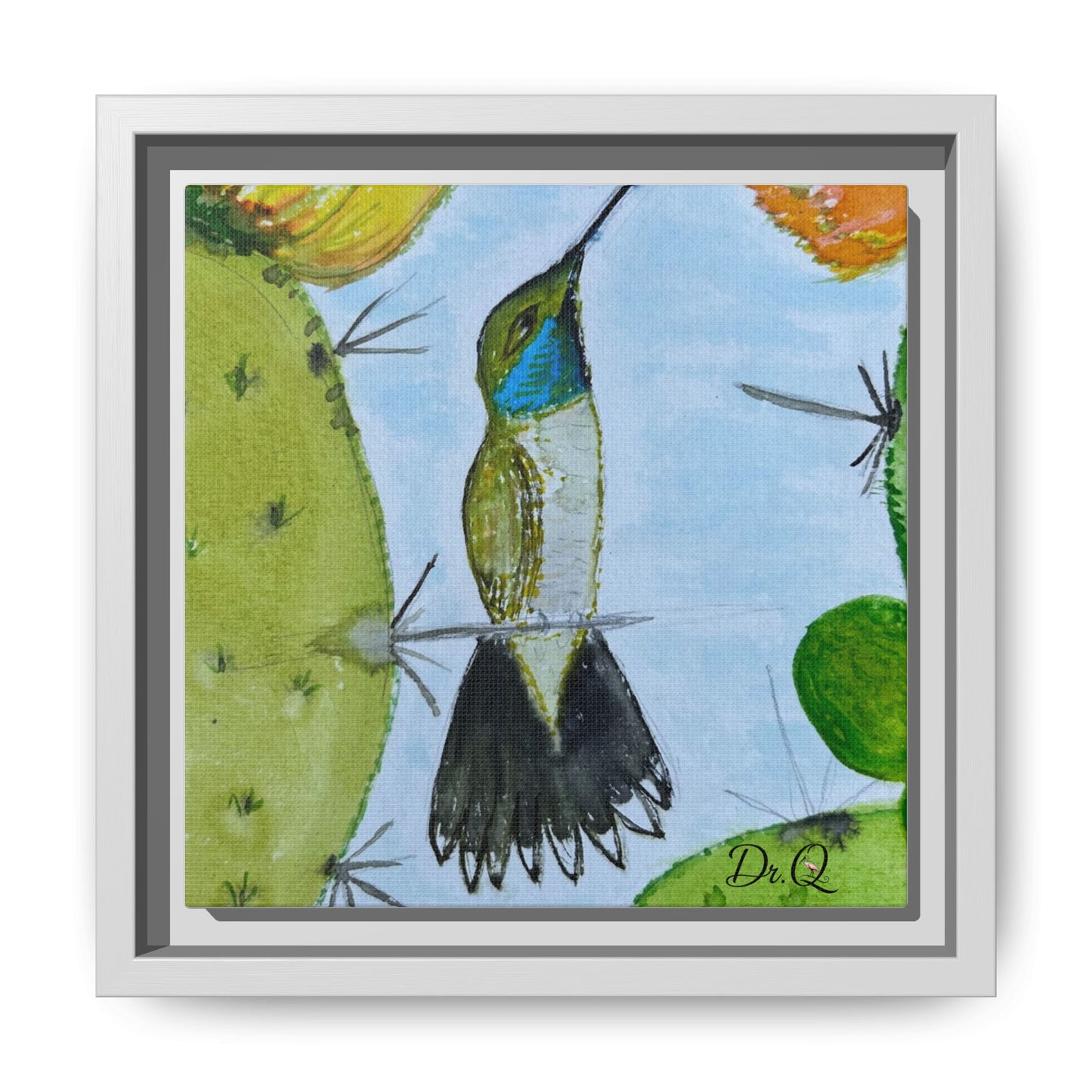 Framed Hummingbird Cactus Watercolor Print on Canvas by Dr. Q — Floral Desert Wall Art