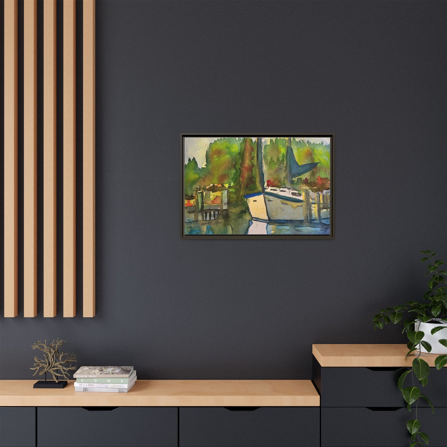 Sailboat Harbor Watercolor — Framed Matte Canvas Wall Art