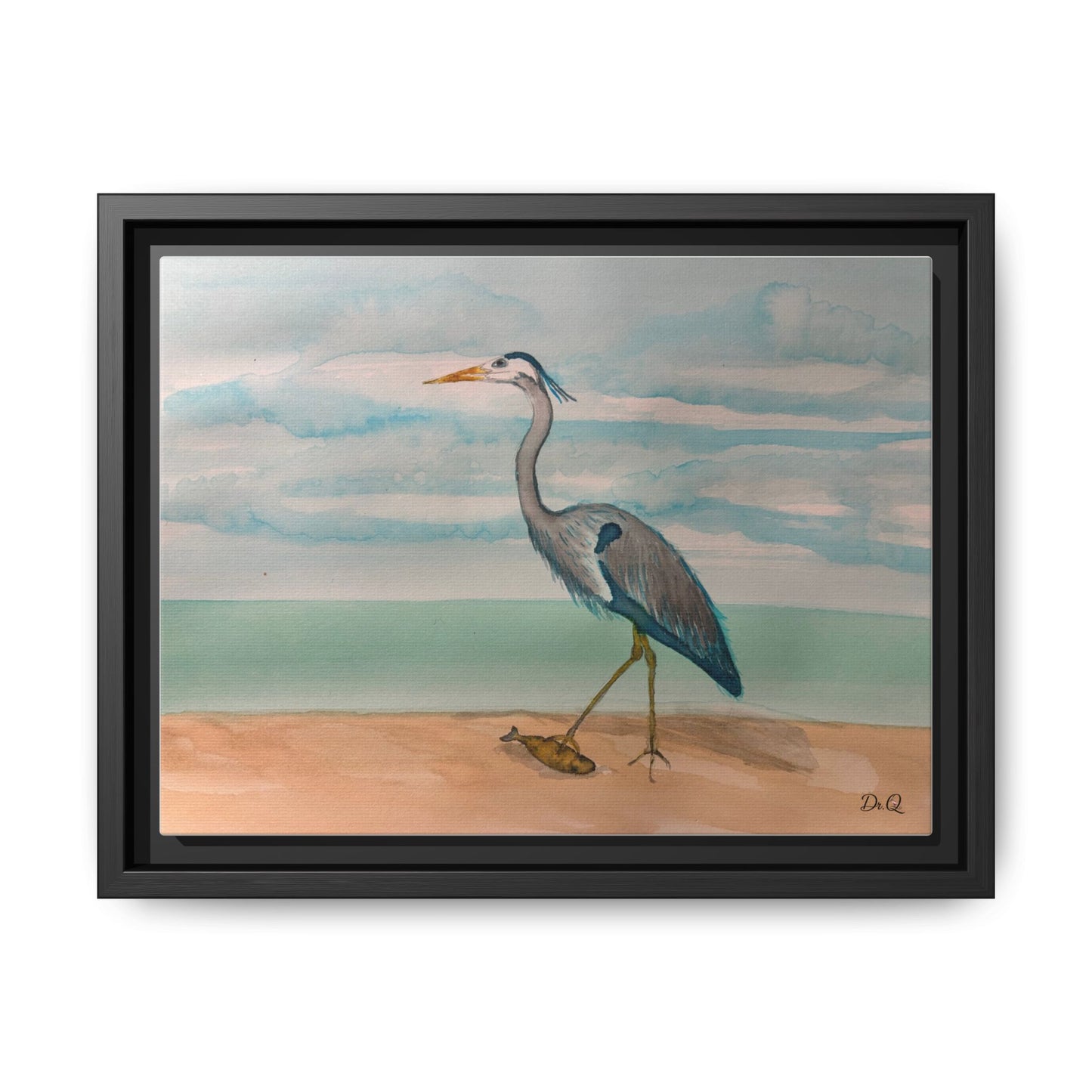 Framed Heron Beach Matte Canvas — Coastal Watercolor Wall Art