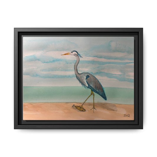 Framed Heron Beach Matte Canvas — Coastal Watercolor Wall Art