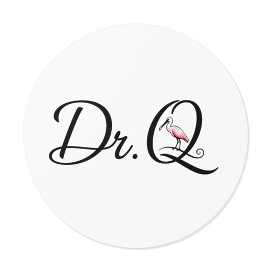 Dr. Q Round Vinyl Sticker — Elegant Script Logo with Pink Flamingo Accent
