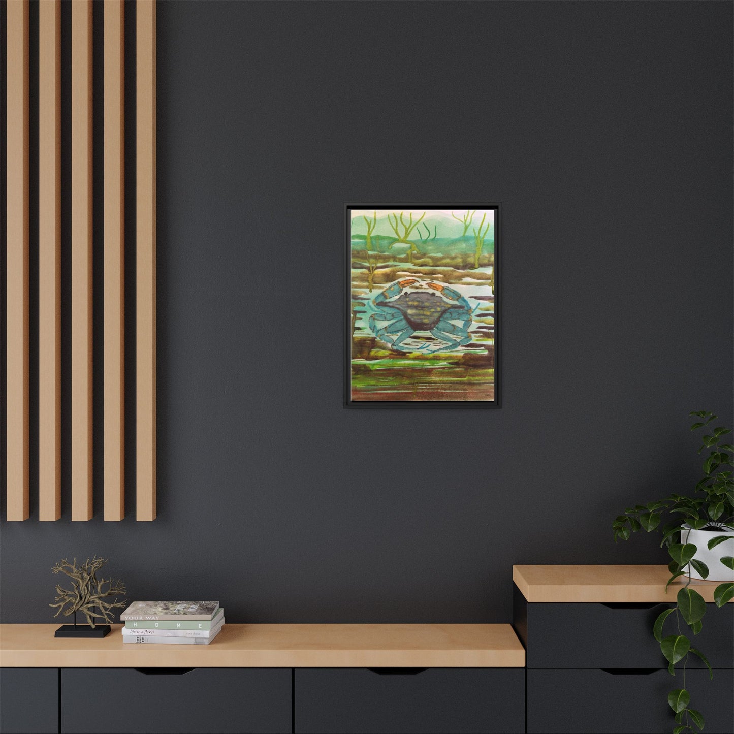 Blue Crab Coastal Art Print — Matte Framed Canvas