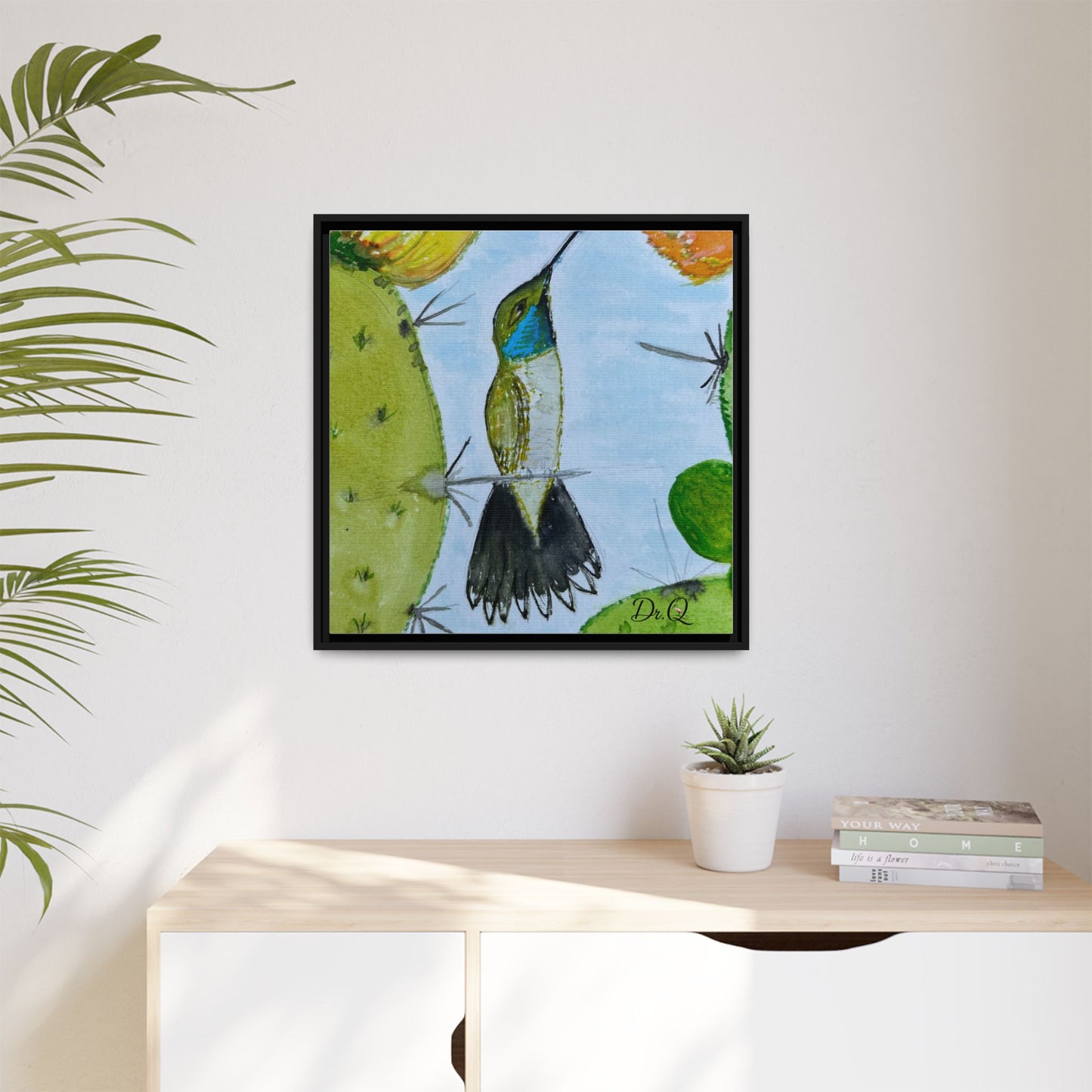 Framed Hummingbird Cactus Watercolor Print on Canvas by Dr. Q — Floral Desert Wall Art