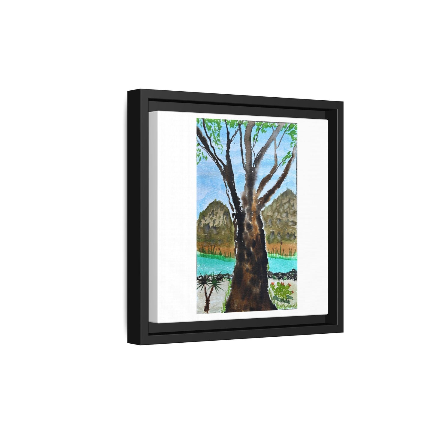 Tranquil Lakeside Tree Watercolor - Framed Matte Canvas Print by Dr. Q