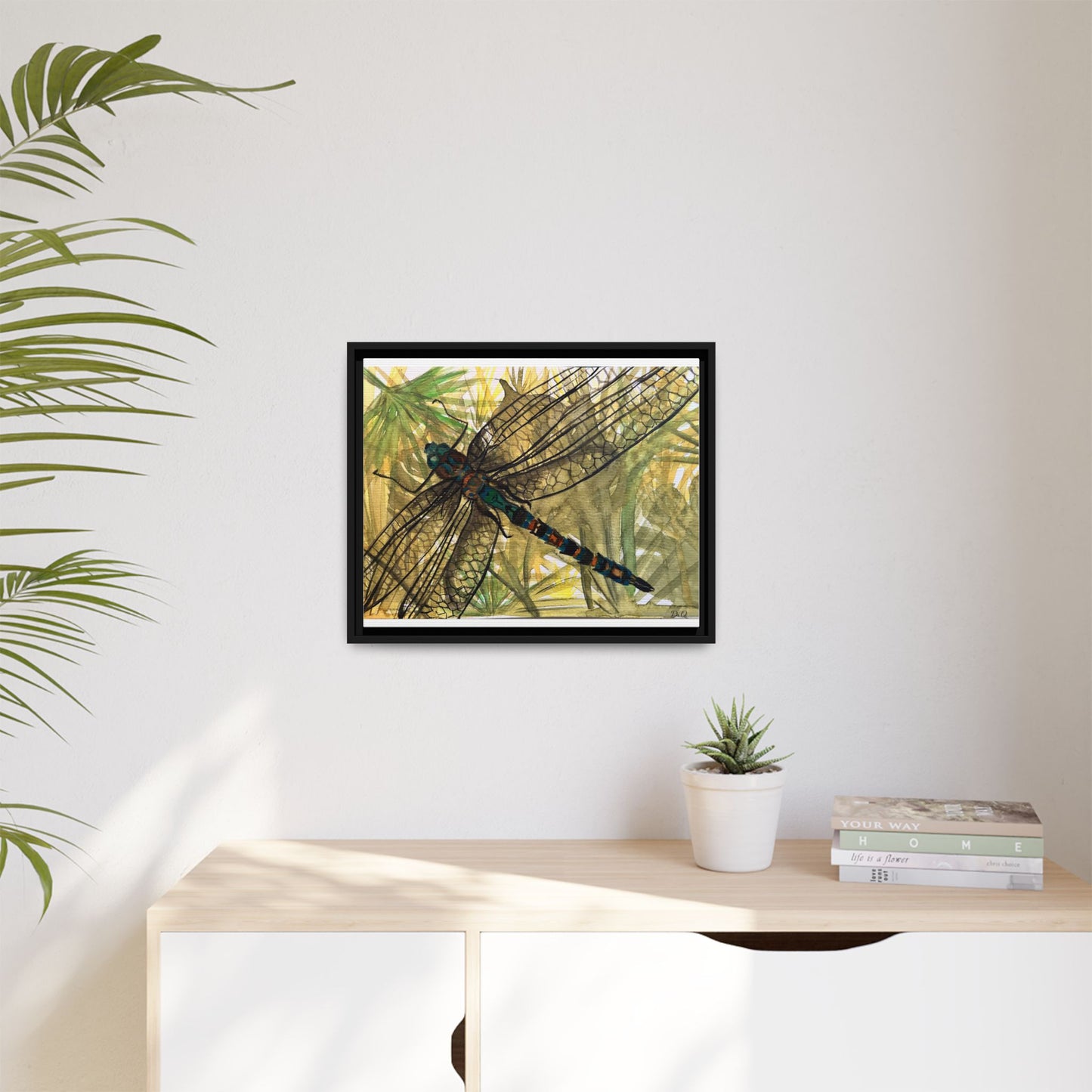 Dragonfly Framed Canvas Art — Botanical Watercolor Wall Decor