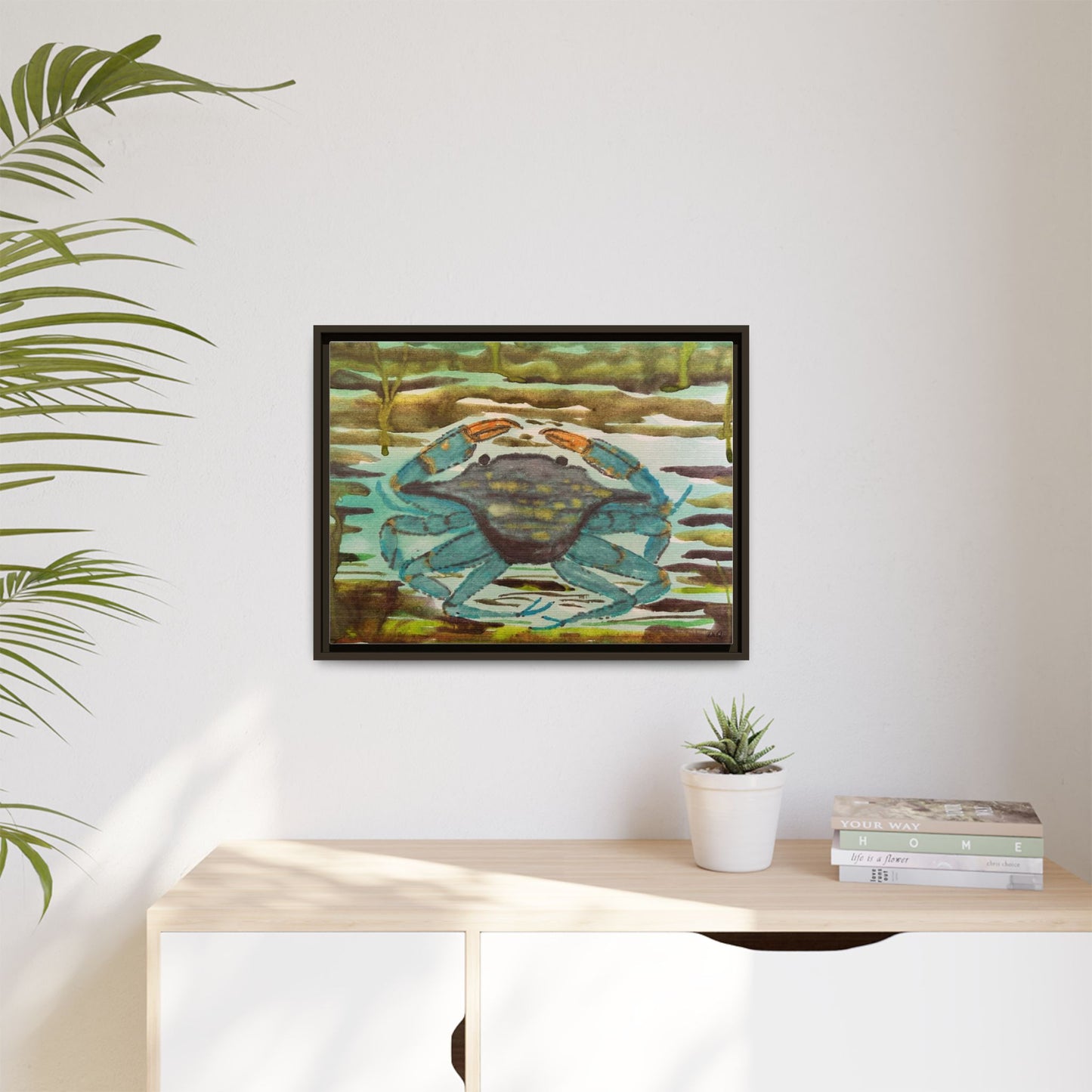 Blue Crab Coastal Art Print — Matte Framed Canvas