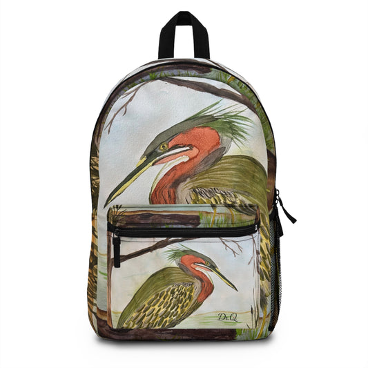 Green Heron Watercolor Backpack — Vintage Bird Art School & Travel Bag