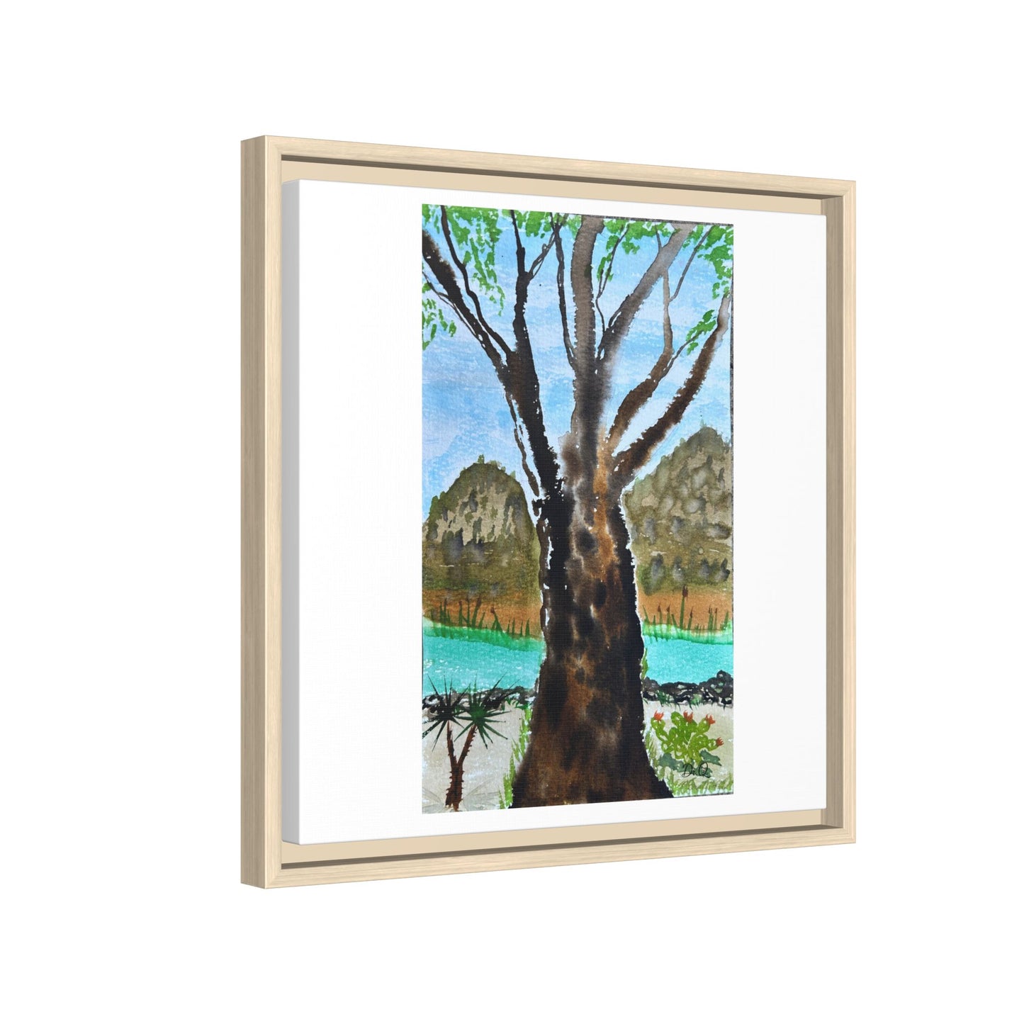 Tranquil Lakeside Tree Watercolor - Framed Matte Canvas Print by Dr. Q
