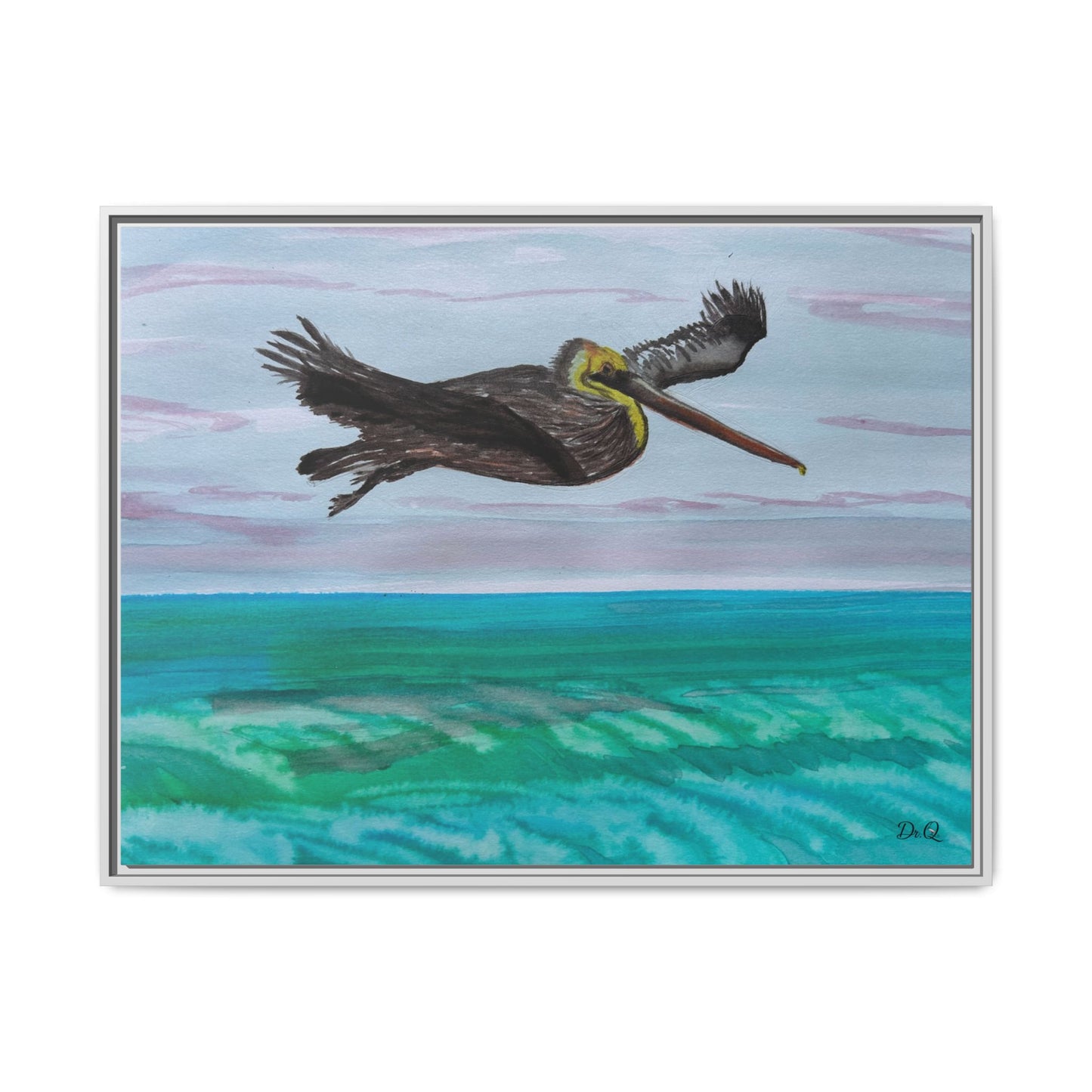 Brown Pelican Over Ocean Matte Framed Canvas Art
