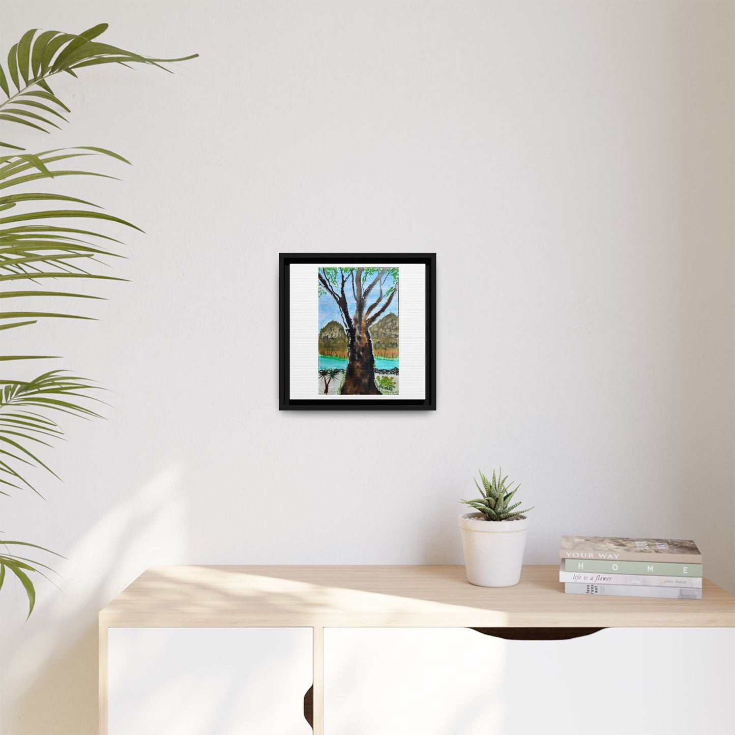 Tranquil Lakeside Tree Watercolor - Framed Matte Canvas Print by Dr. Q