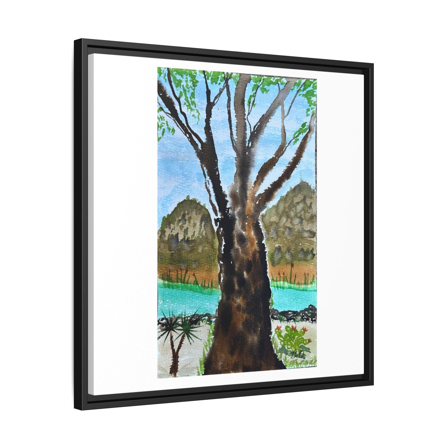 Tranquil Lakeside Tree Watercolor - Framed Matte Canvas Print by Dr. Q