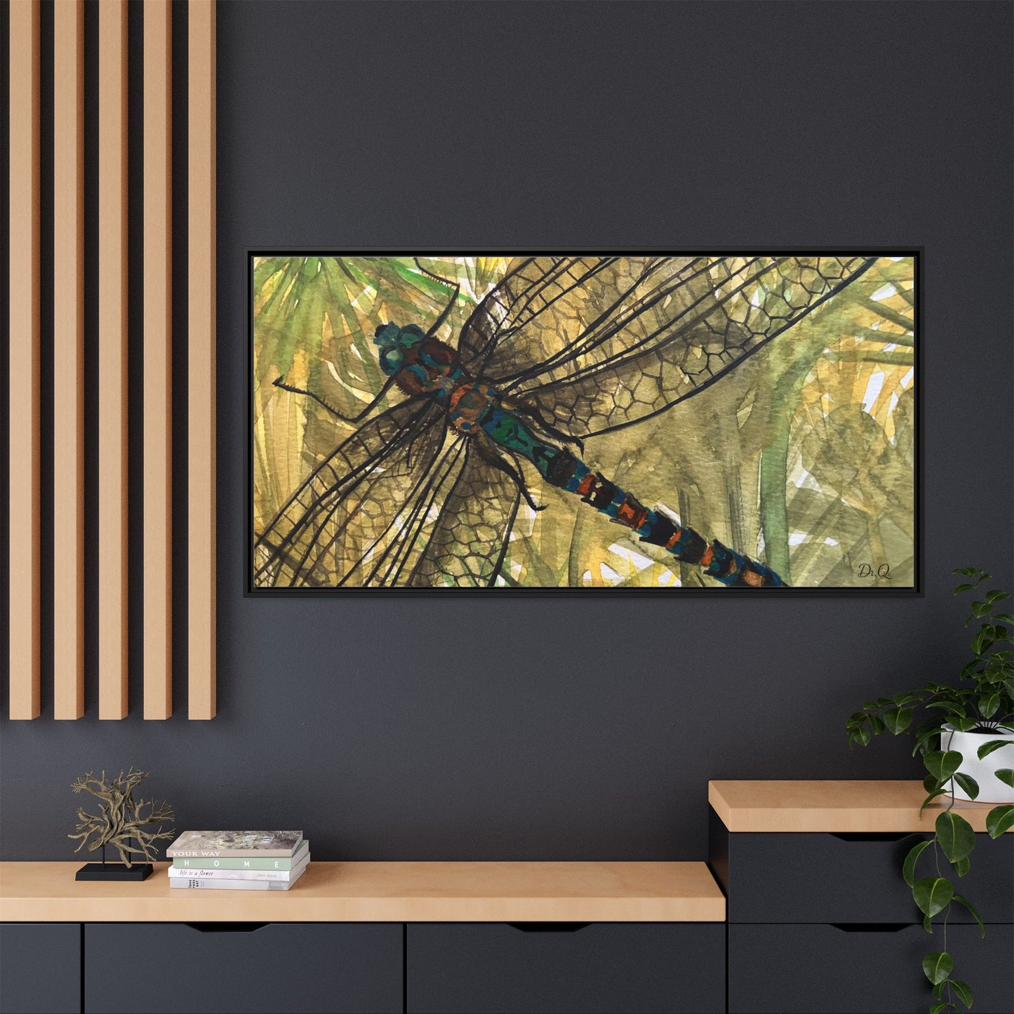 Dragonfly Framed Canvas Art — Botanical Watercolor Wall Decor
