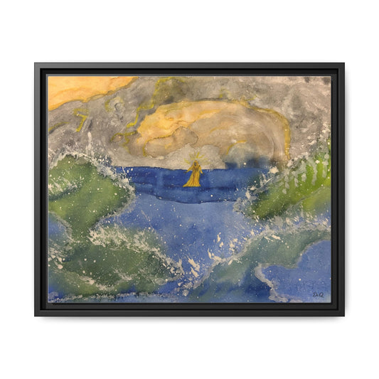 "Faith in the Storm" Framed Matte Canvas Seascape — Golden Sail at Sunset