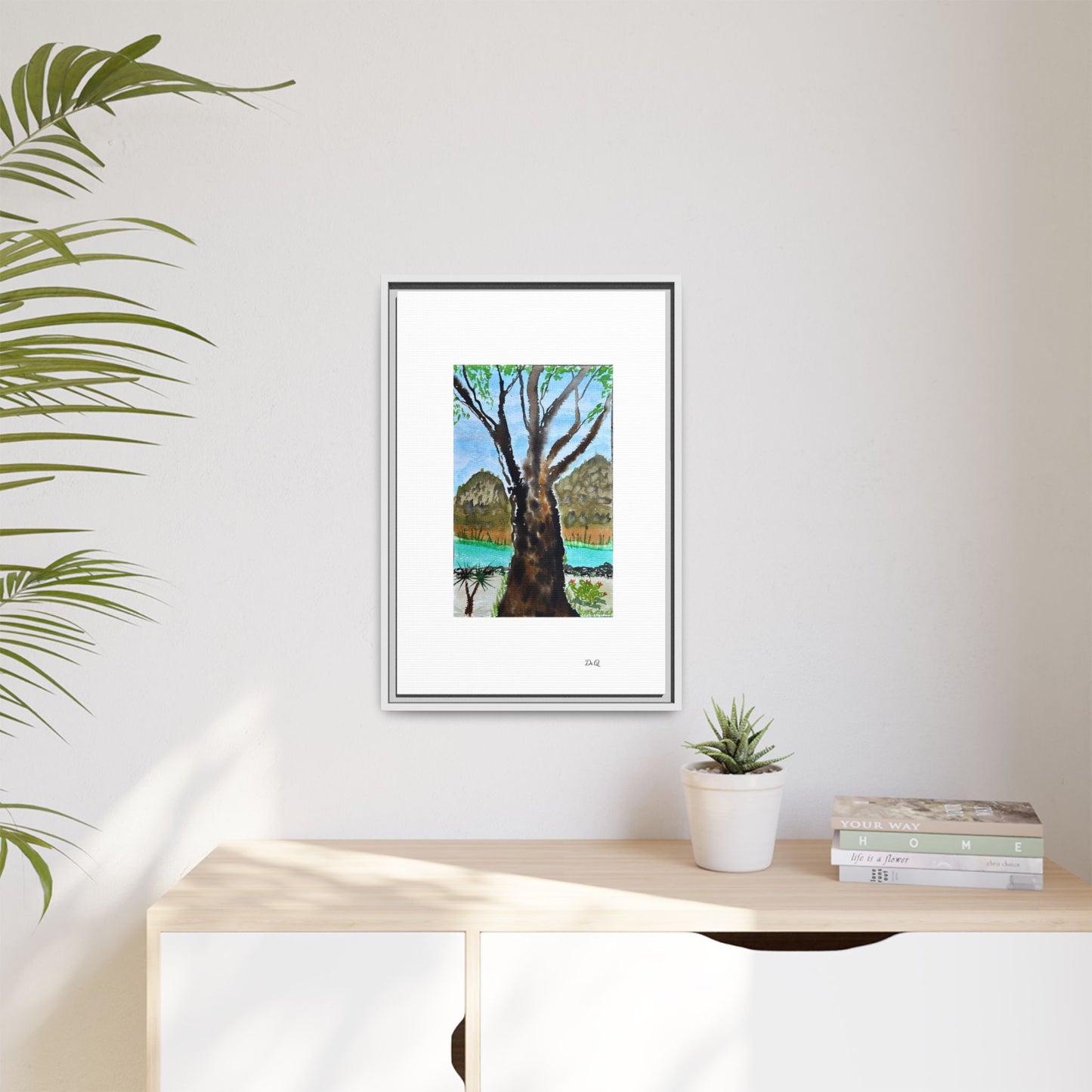 Tranquil Lakeside Tree Watercolor - Framed Matte Canvas Print by Dr. Q