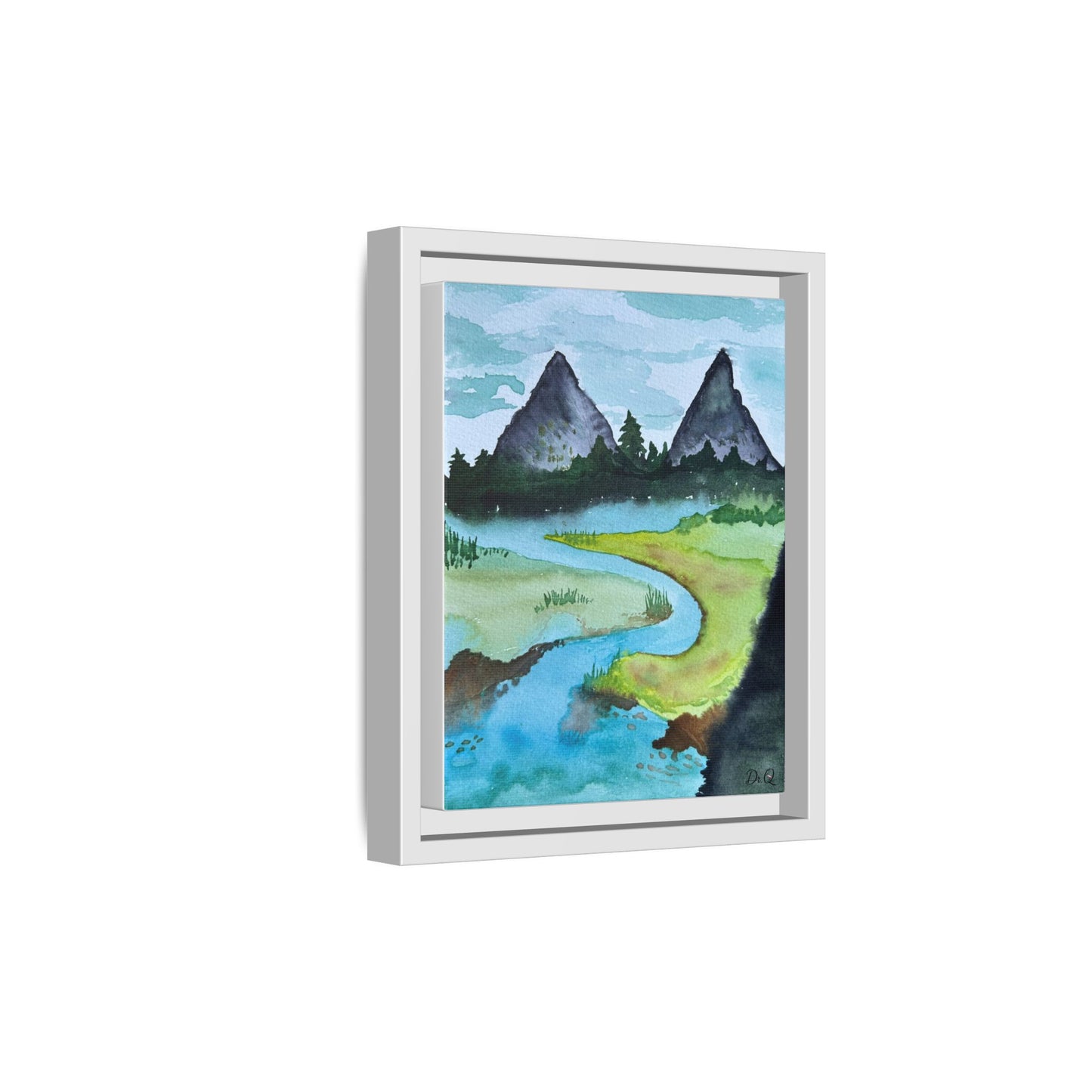 Mountain River Framed Canvas Watercolor Print by Dr. Q