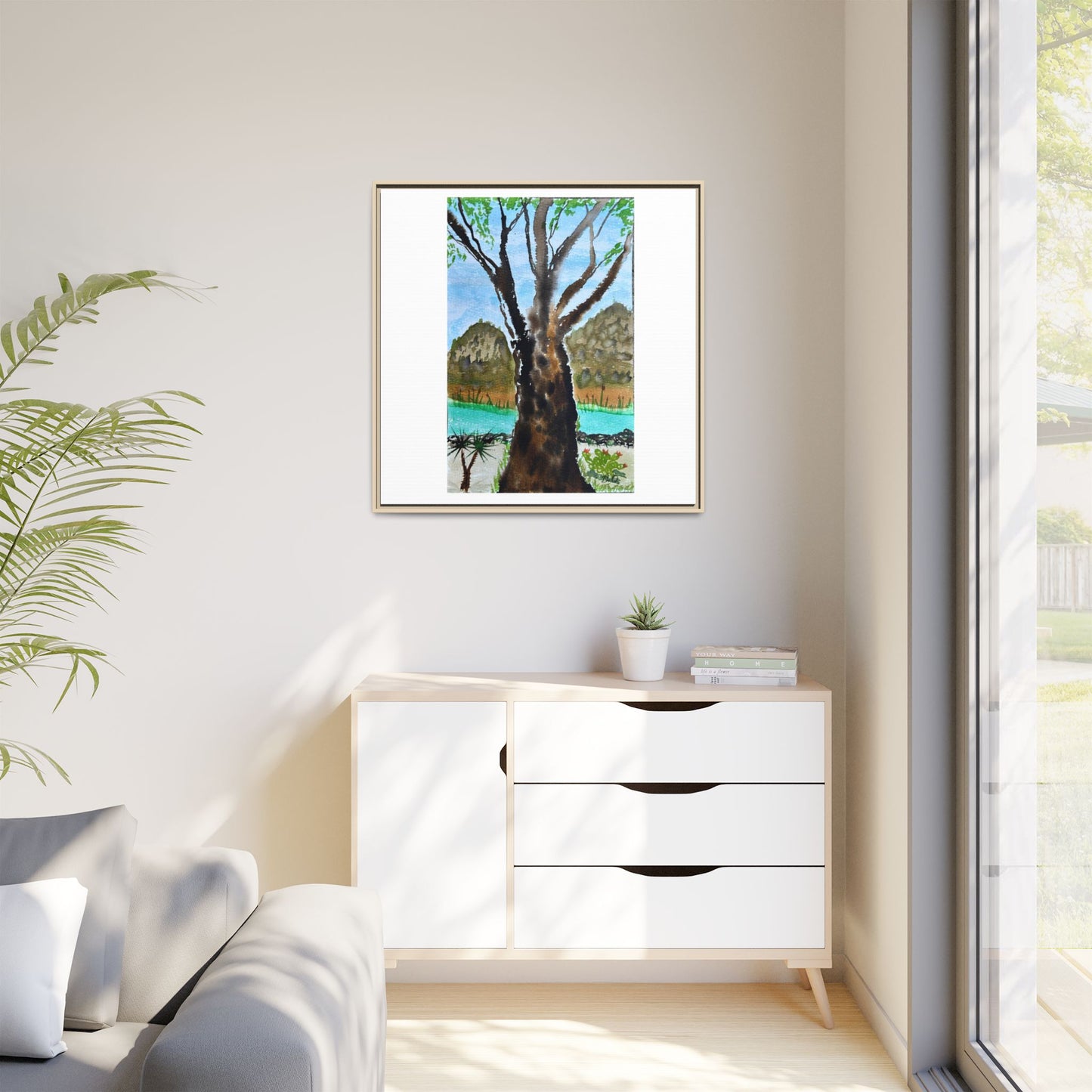 Tranquil Lakeside Tree Watercolor - Framed Matte Canvas Print by Dr. Q