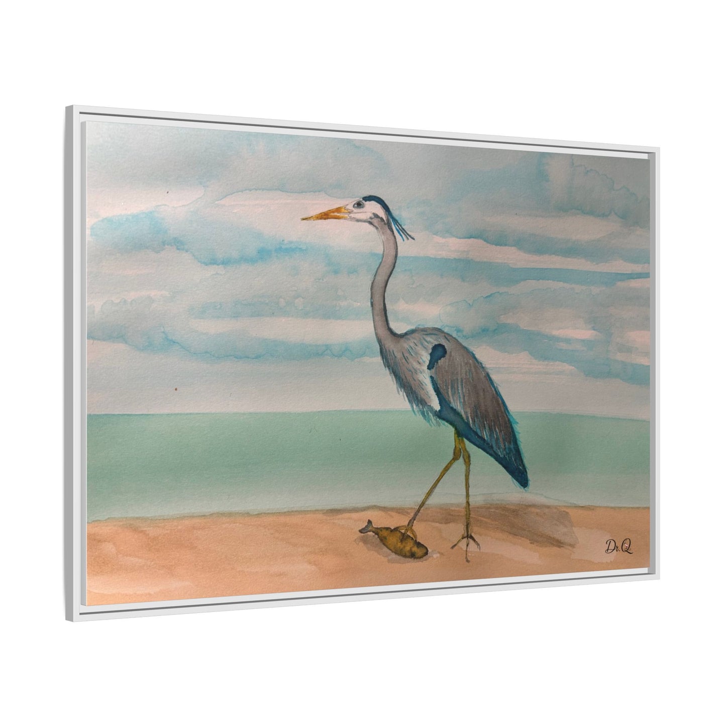Framed Heron Beach Matte Canvas — Coastal Watercolor Wall Art