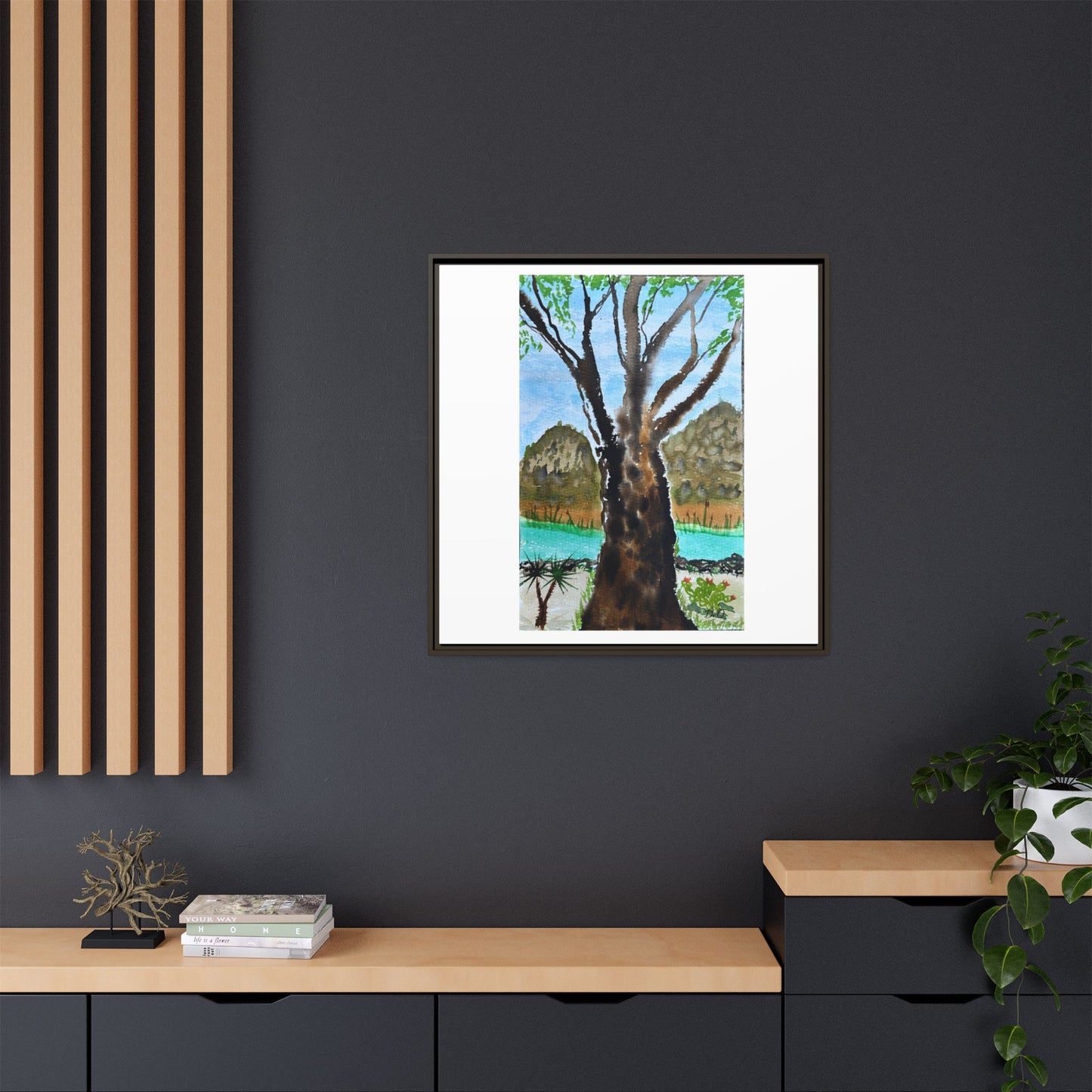 Tranquil Lakeside Tree Watercolor - Framed Matte Canvas Print by Dr. Q