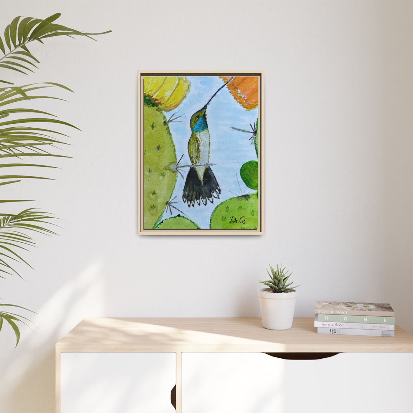 Framed Hummingbird Cactus Watercolor Print on Canvas by Dr. Q — Floral Desert Wall Art
