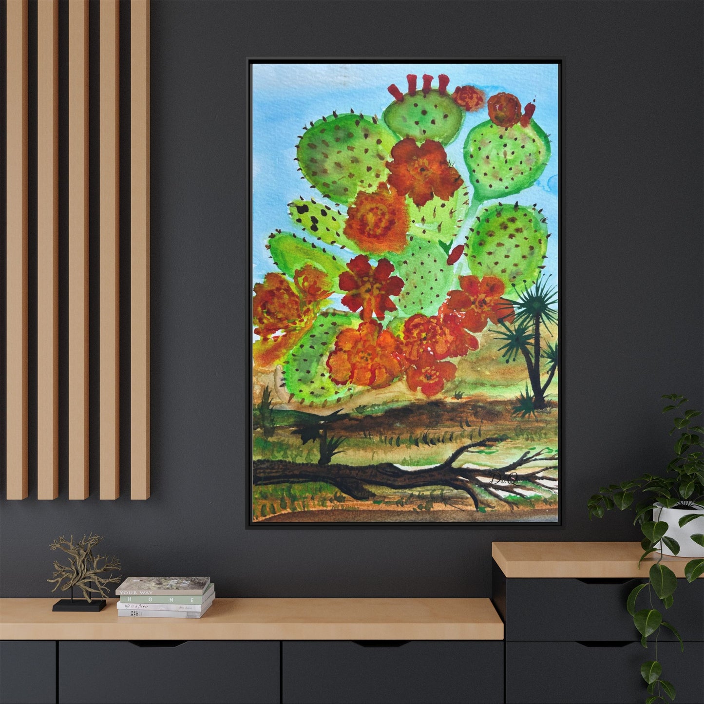 Prickly Pear Cactus Framed Canvas Print — Vertical Botanical Wall Art