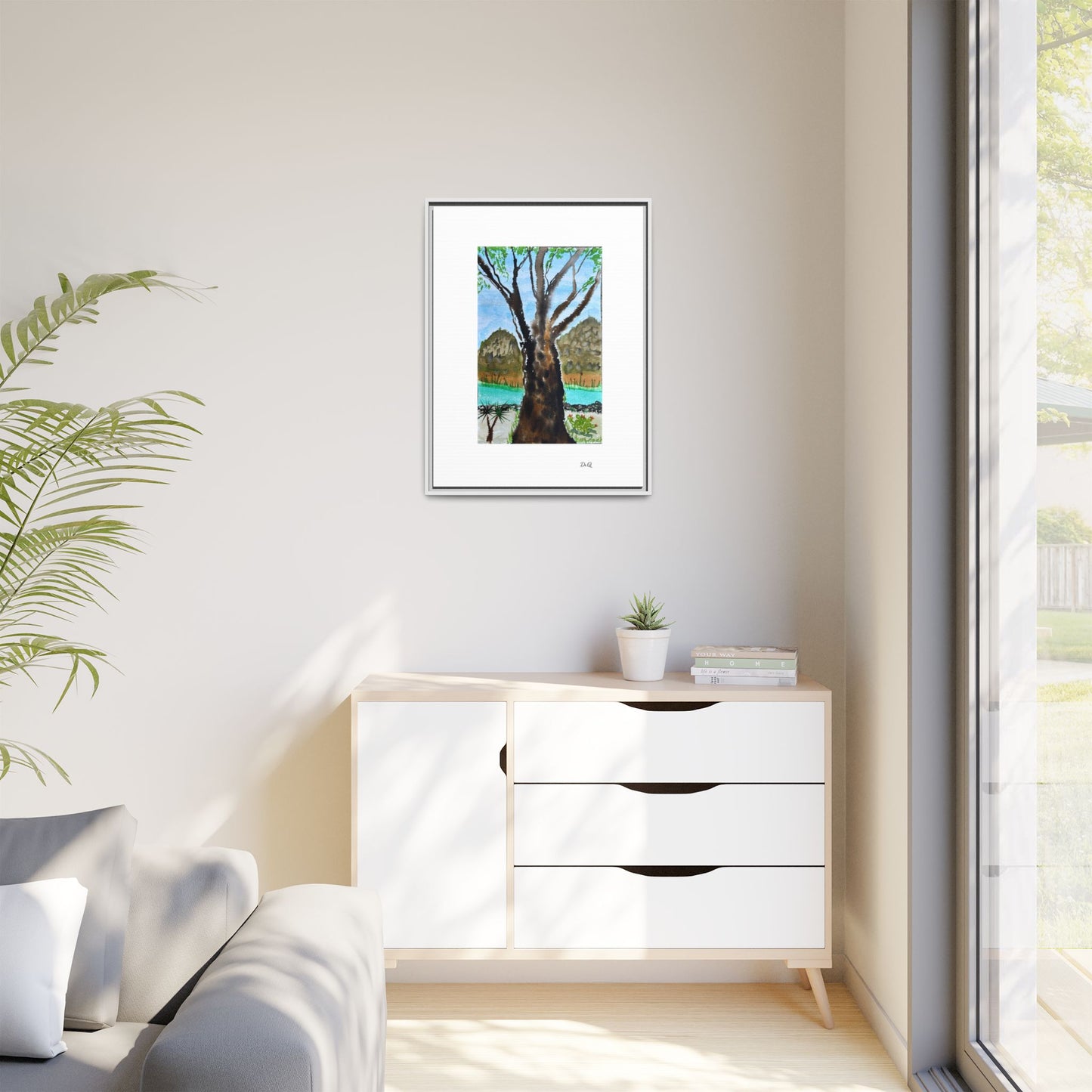 Tranquil Lakeside Tree Watercolor - Framed Matte Canvas Print by Dr. Q