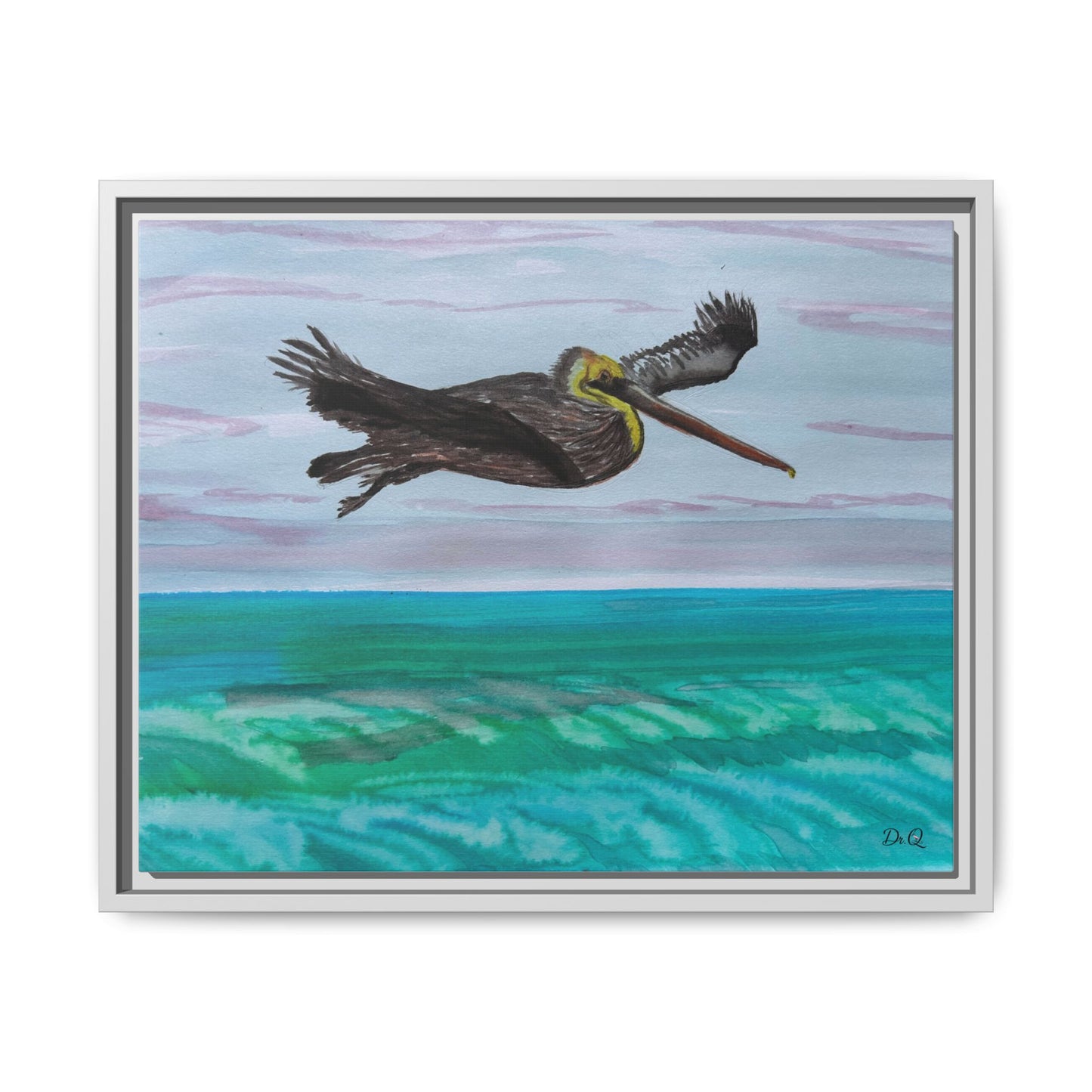 Brown Pelican Over Ocean Matte Framed Canvas Art