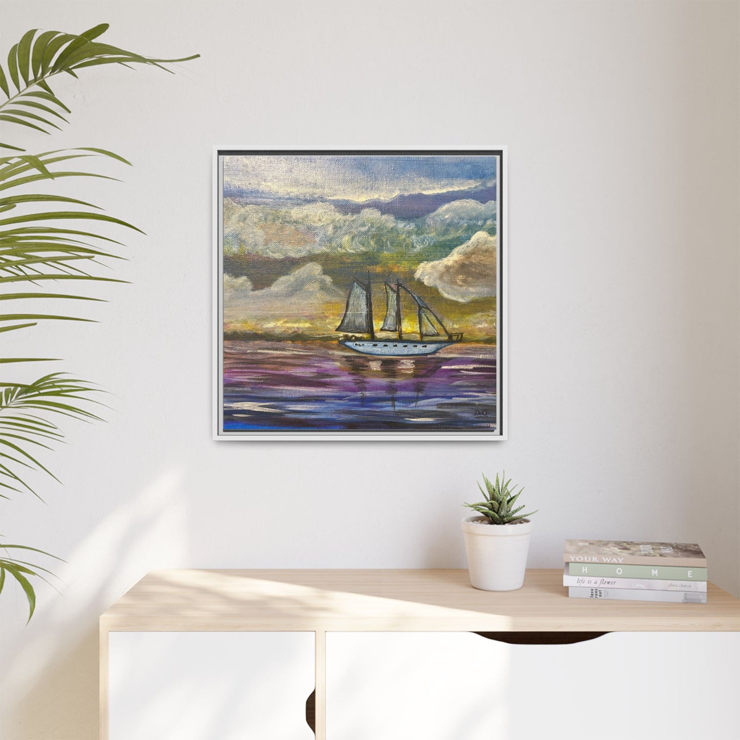 Framed Matte Canvas Sailboat Painting — Serene Seascape Wall Art