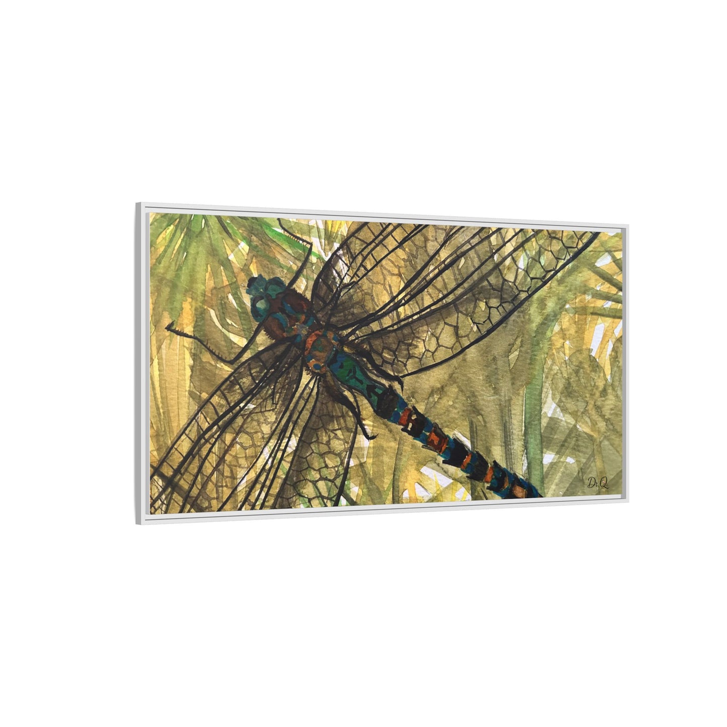 Dragonfly Framed Canvas Art — Botanical Watercolor Wall Decor