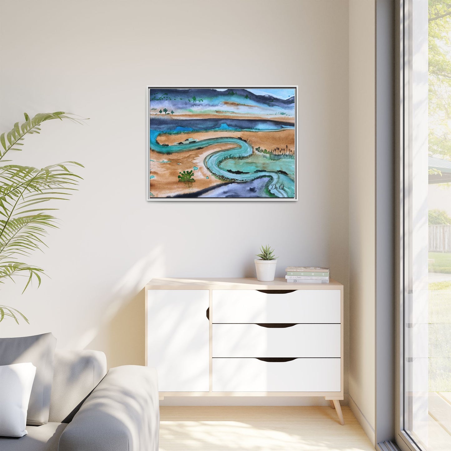Winding River by Dr. Q - Framed Matte Canvas Watercolor Wall Art