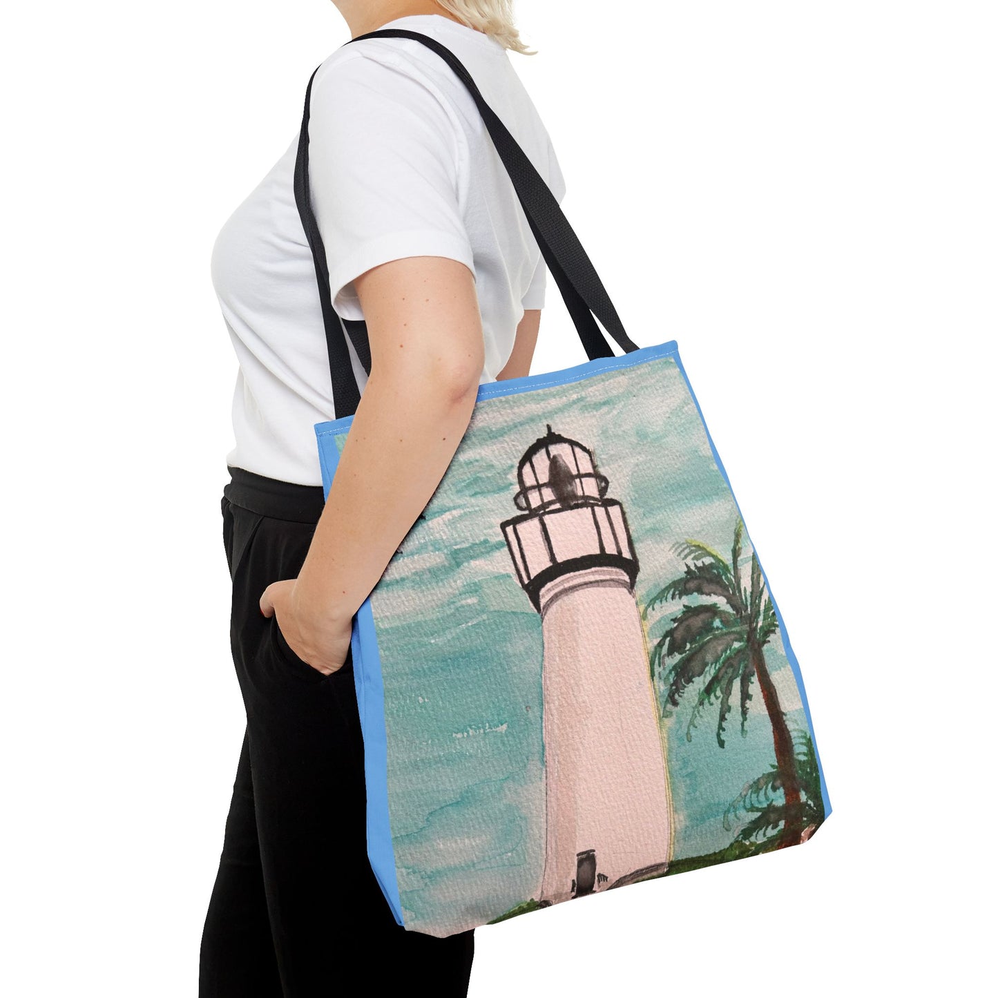 Coastal Lighthouse Tote Bag — Beachy Palm Print All-Over-Print Tote