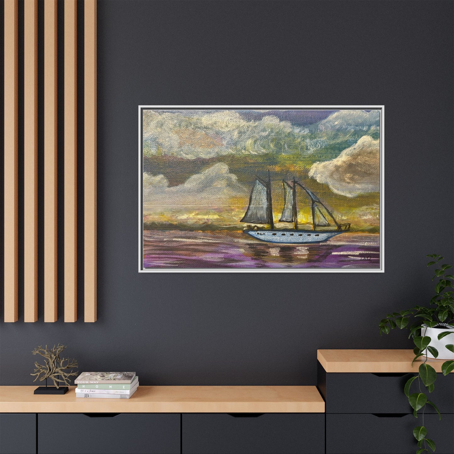 Framed Matte Canvas Sailboat Painting — Serene Seascape Wall Art